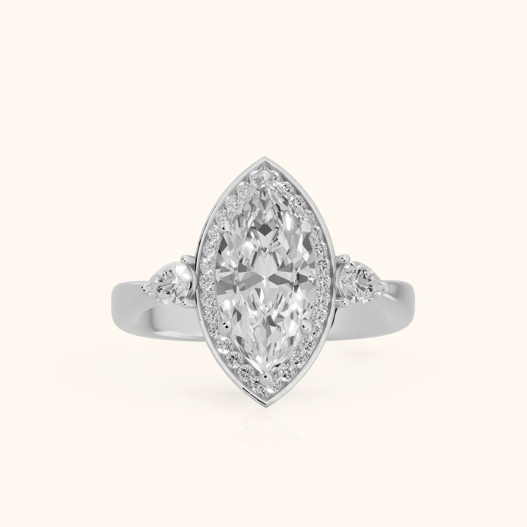 Eliza Halo Sidestone Marquise Diamond Engagement Ring in Silver — view 2