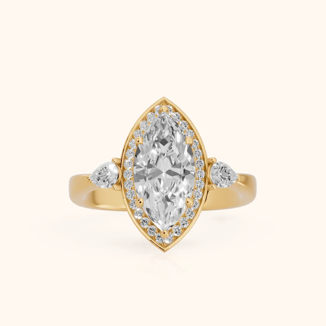 Eliza Halo Sidestone Marquise Diamond Engagement Ring in Yellow Gold — view 2