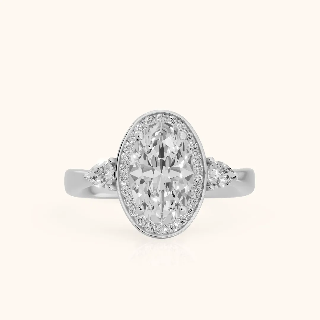 Eliza Halo Sidestone Oval Diamond Engagement Ring in Silver — view 2