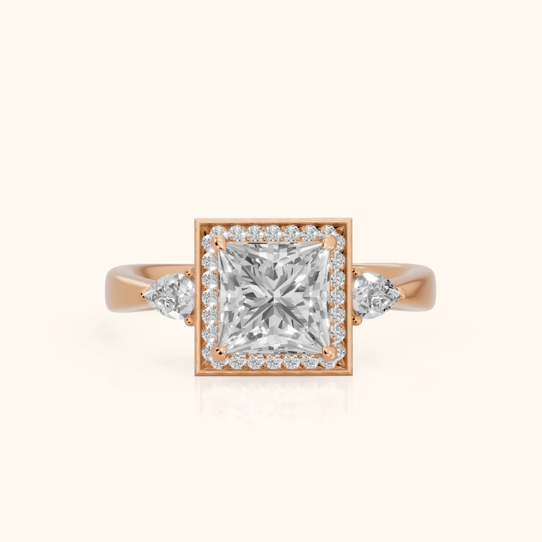 Eliza Halo Sidestone Princess Diamond Engagement Ring in Rose Gold — view 2