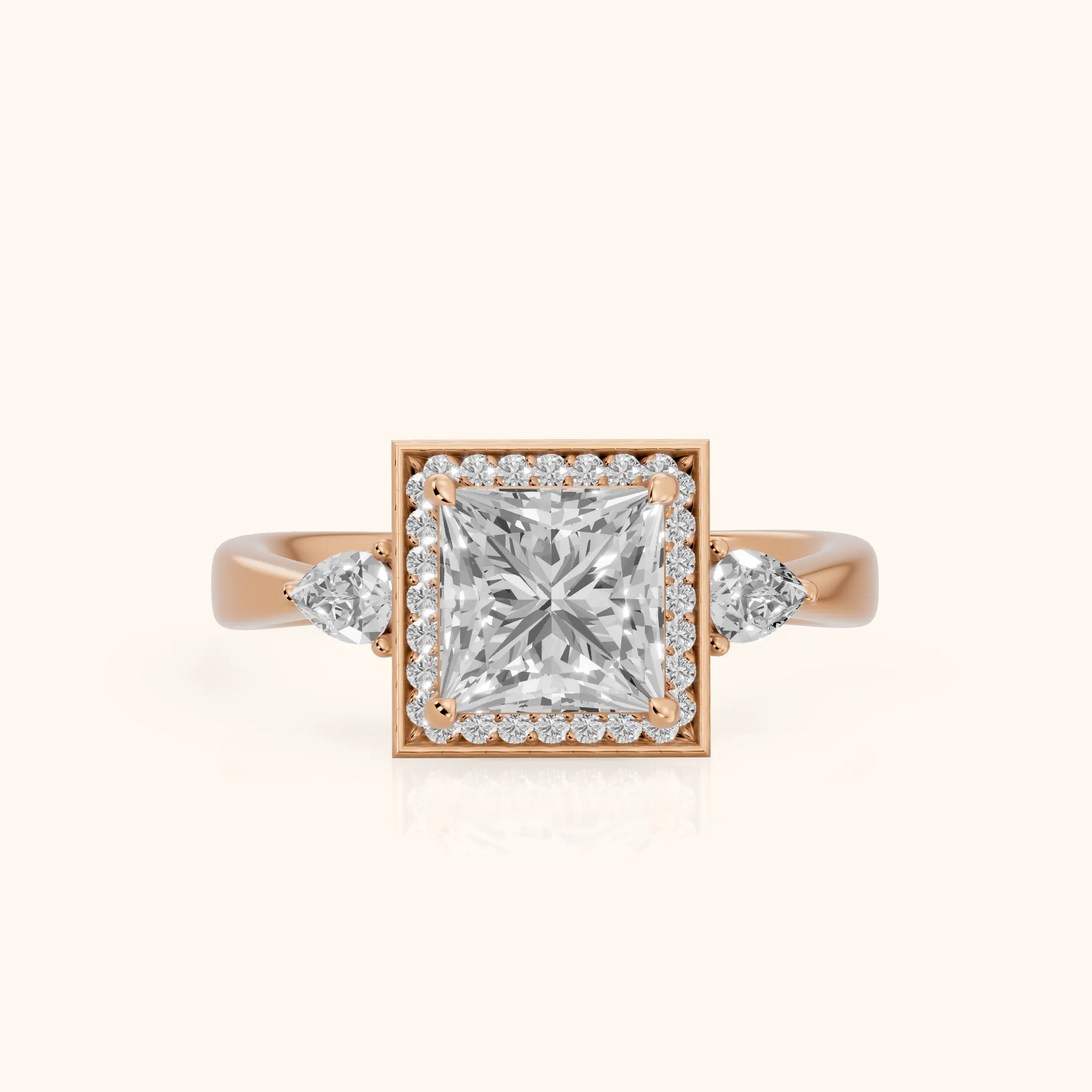 Eliza Halo Sidestone Princess Diamond Engagement Ring in Rose Gold — view 1
