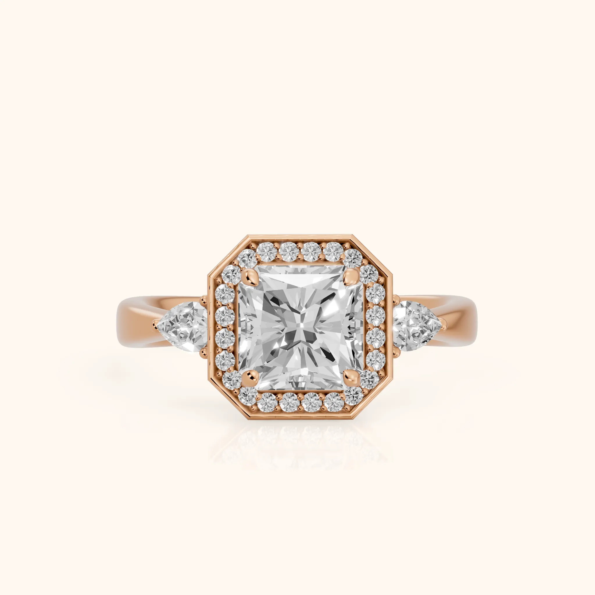 Eliza Halo Sidestone Radiant Diamond Engagement Ring in Rose Gold — view 1