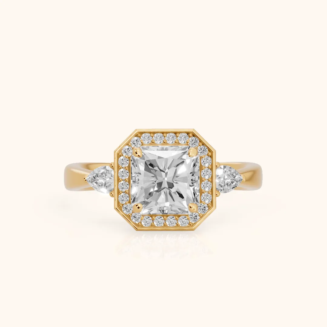 Eliza Halo Sidestone Radiant Diamond Engagement Ring in Yellow Gold — view 2