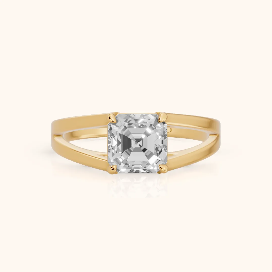 Giselle Solitaire Split Shank Asscher Diamond Engagement Ring in Yellow Gold — view 2