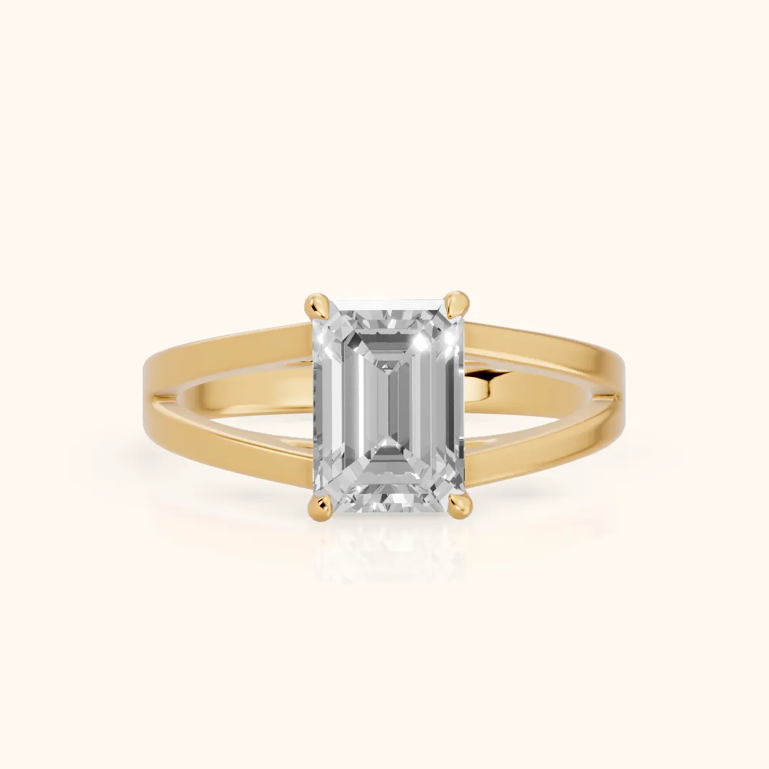 Giselle Solitaire Split Shank Emerald Diamond Engagement Ring in Yellow Gold — view 2