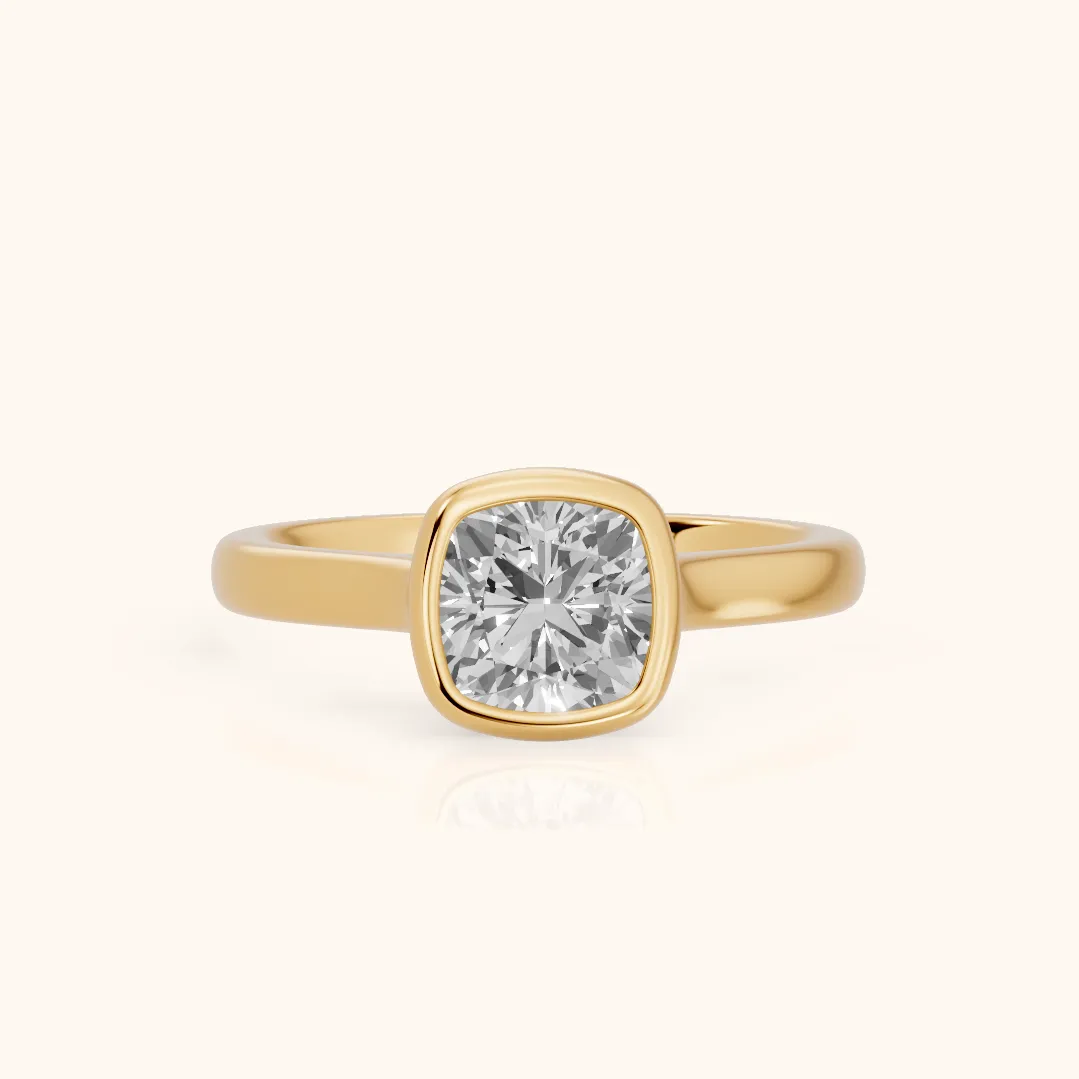 Jolie Bezel Solitaire Cushion Diamond Engagement Ring in Yellow Gold — view 2