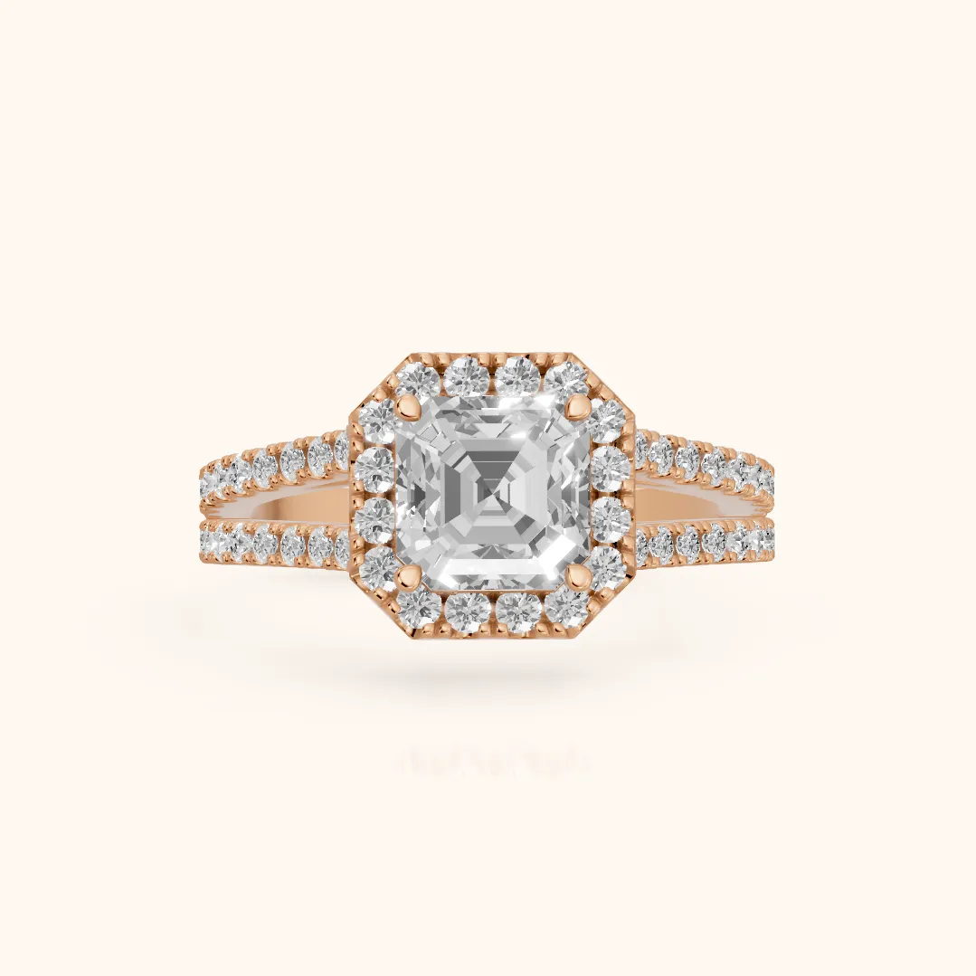 Kira Halo Split Shank Asscher Diamond Engagement Ring in Rose Gold — view 2