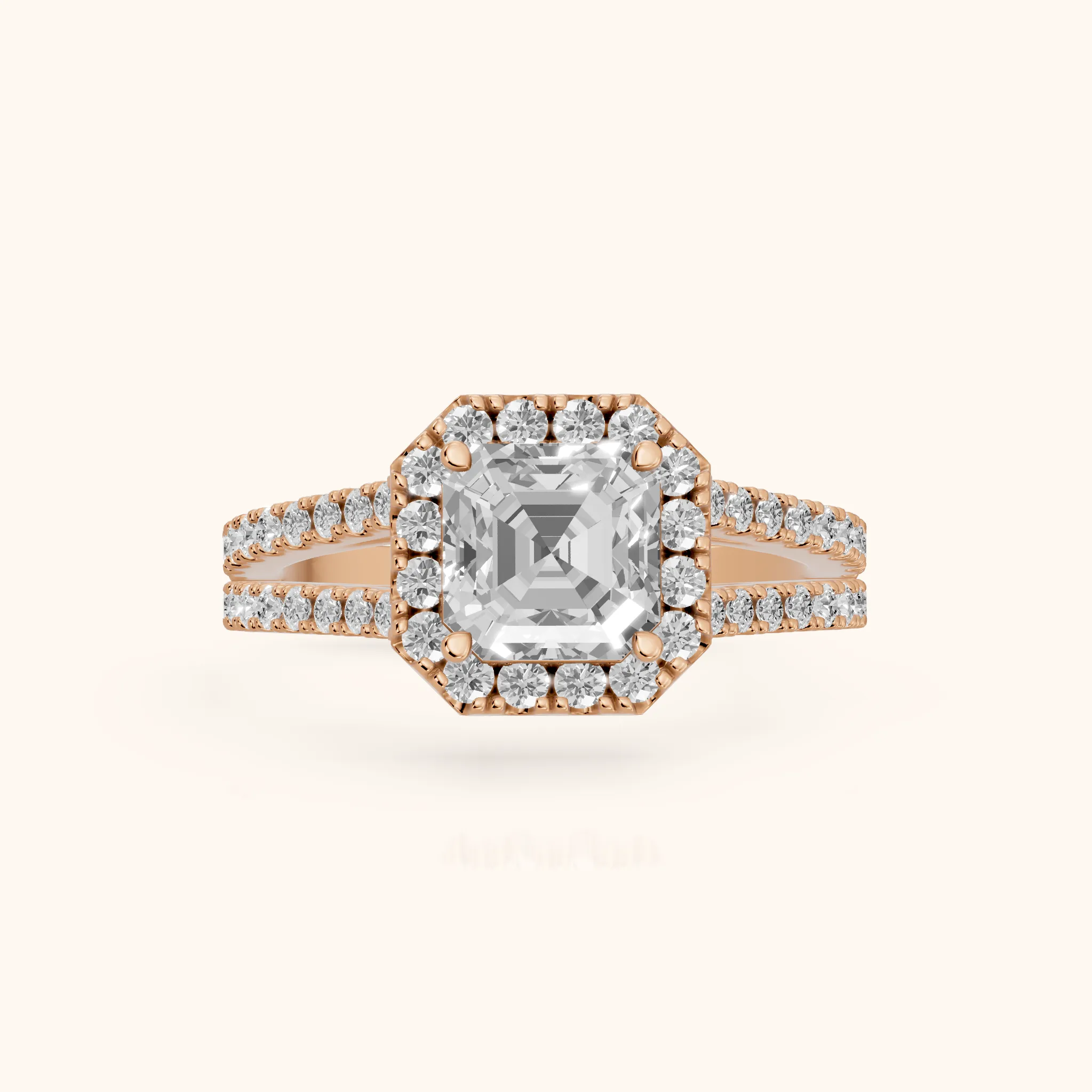 Kira Halo Split Shank Asscher Diamond Engagement Ring in Rose Gold — view 1