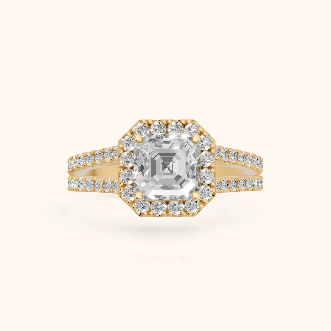 Kira Halo Split Shank Asscher Diamond Engagement Ring in Yellow Gold — view 2