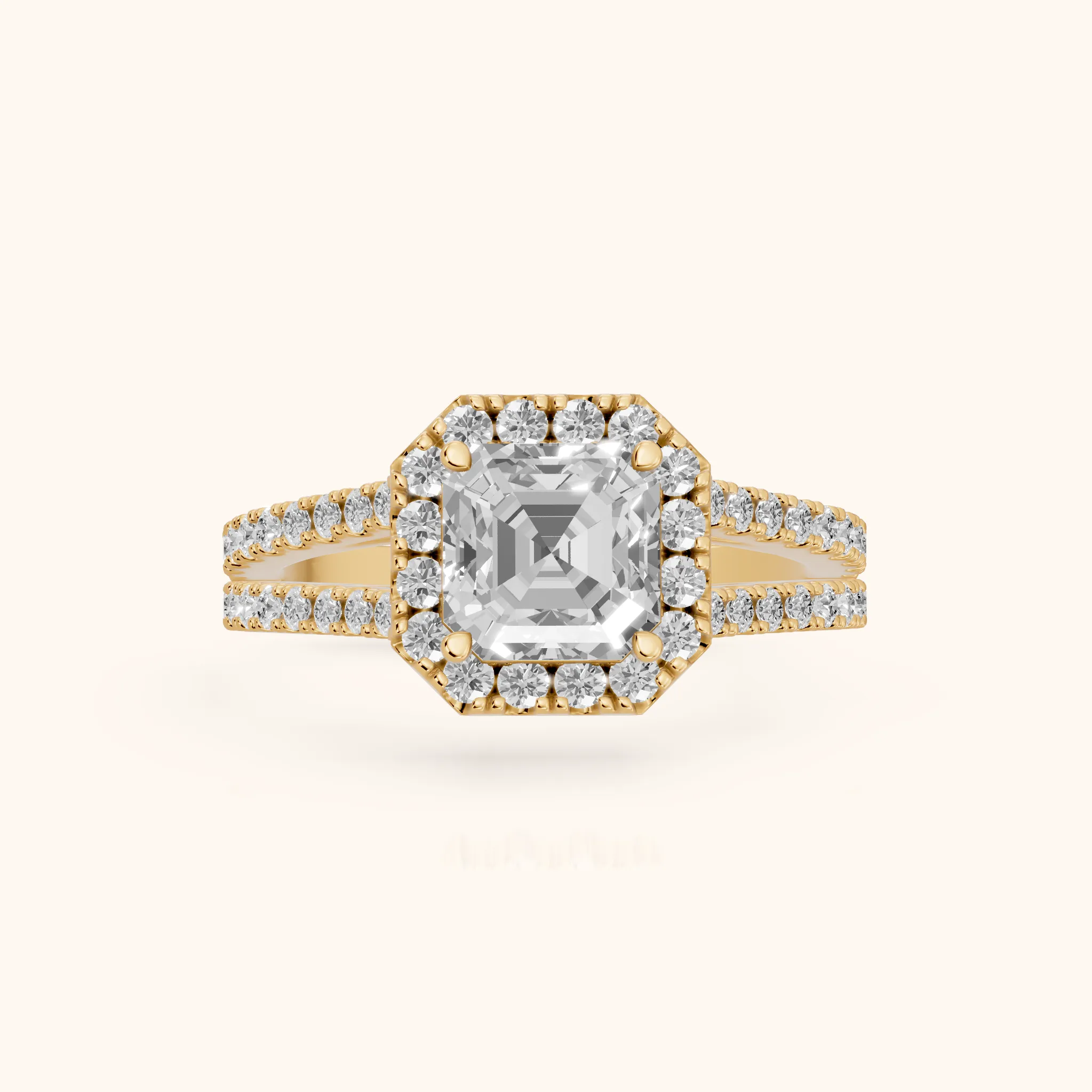 Kira Halo Split Shank Asscher Diamond Engagement Ring in Yellow Gold — view 1