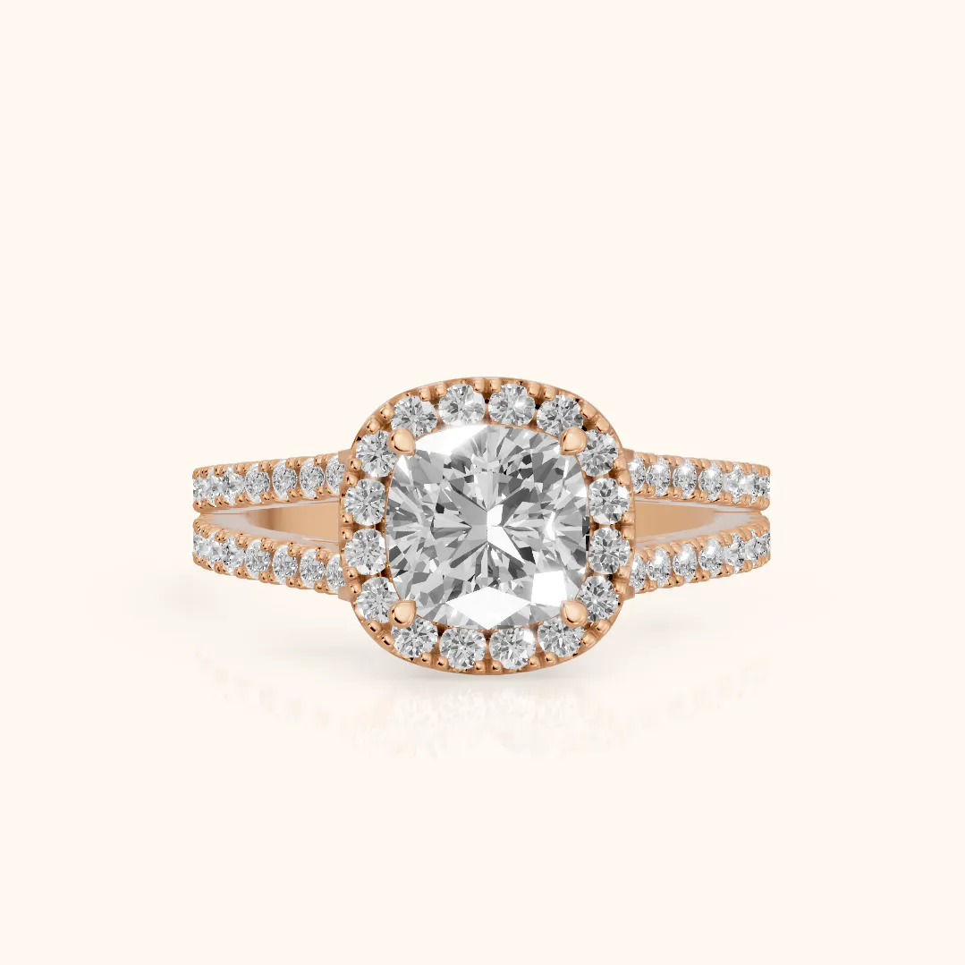 Kira Halo Split Shank Cushion Diamond Engagement Ring in Rose Gold — view 2