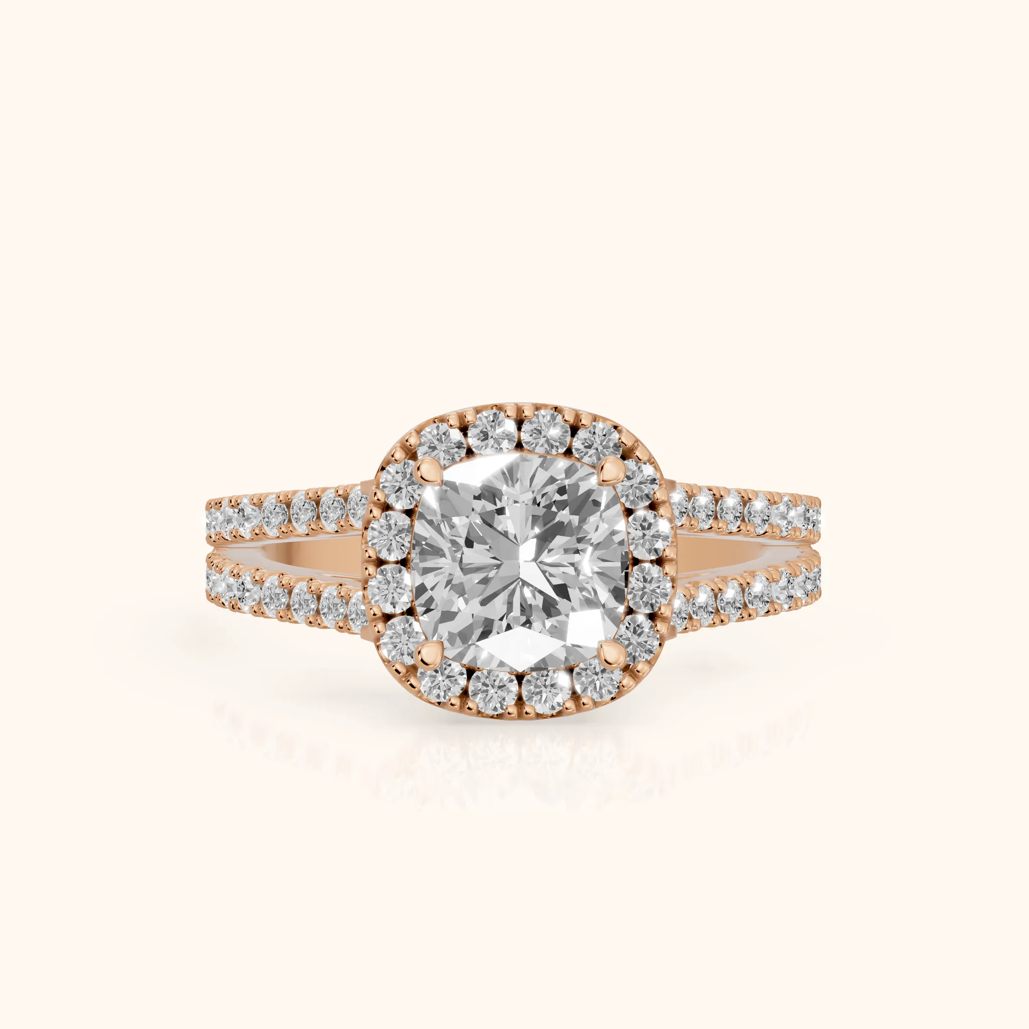 Kira Halo Split Shank Cushion Diamond Engagement Ring in Rose Gold — view 1
