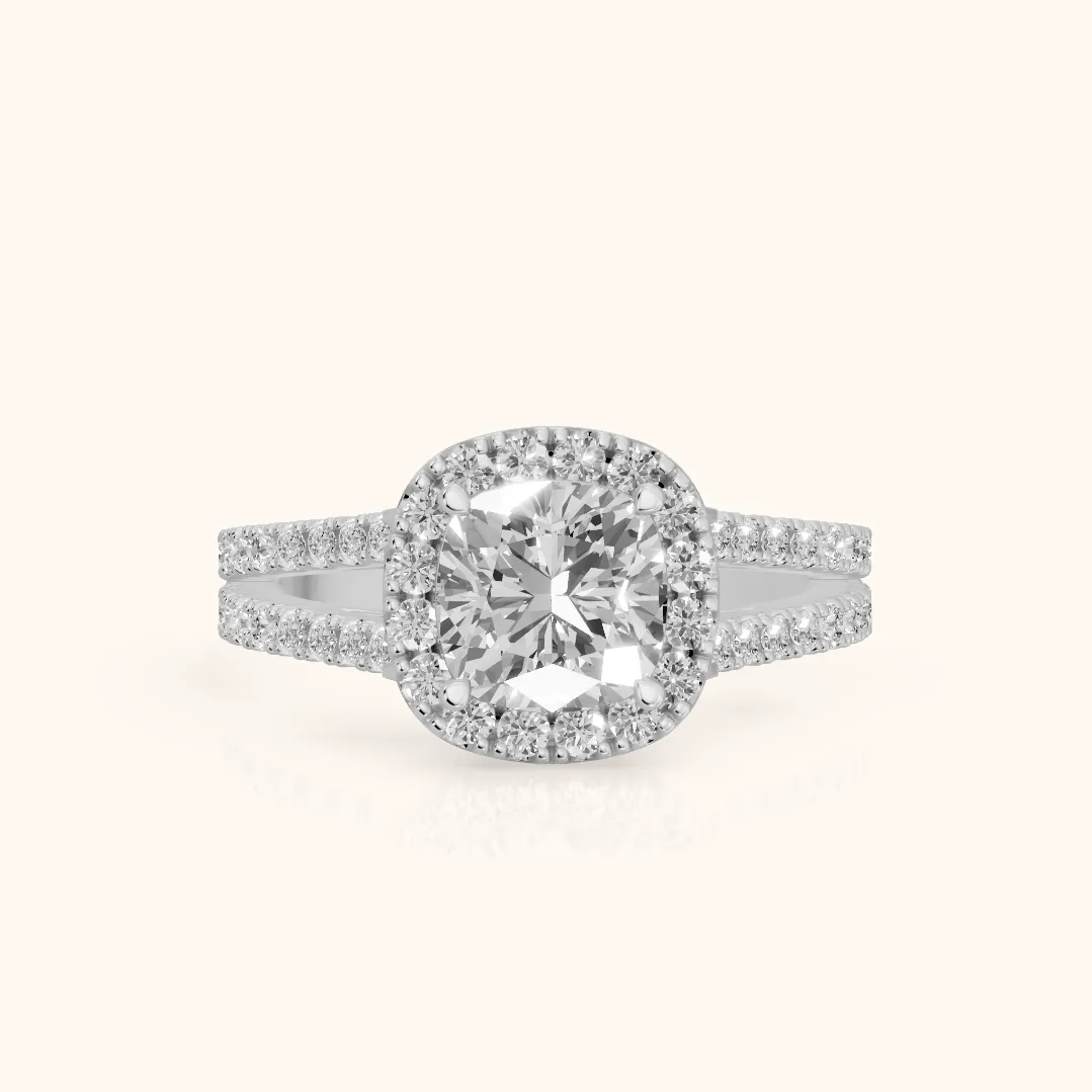 Kira Halo Split Shank Cushion Diamond Engagement Ring in Silver — view 2