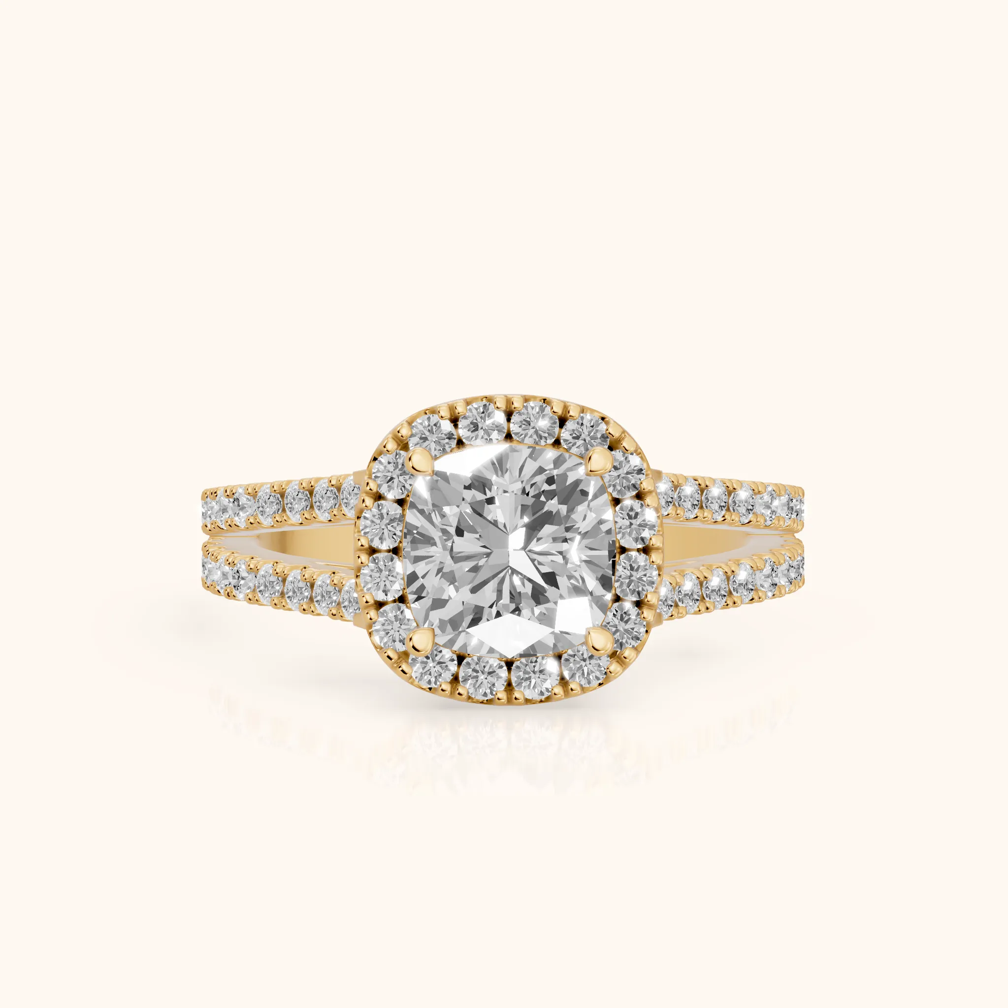 Kira Halo Split Shank Cushion Diamond Engagement Ring in Yellow Gold — view 1
