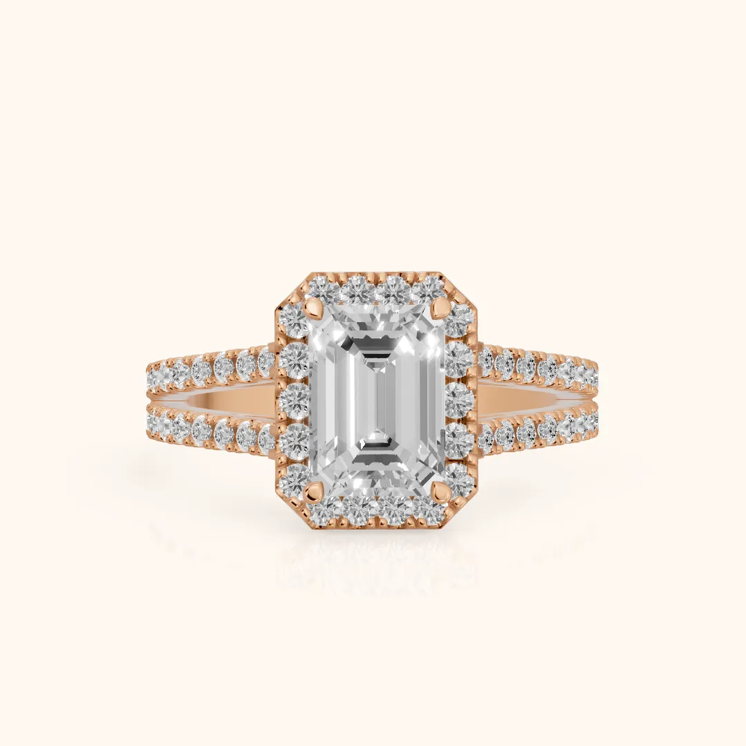 Kira Halo Split Shank Emerald Diamond Engagement Ring in Rose Gold — view 2