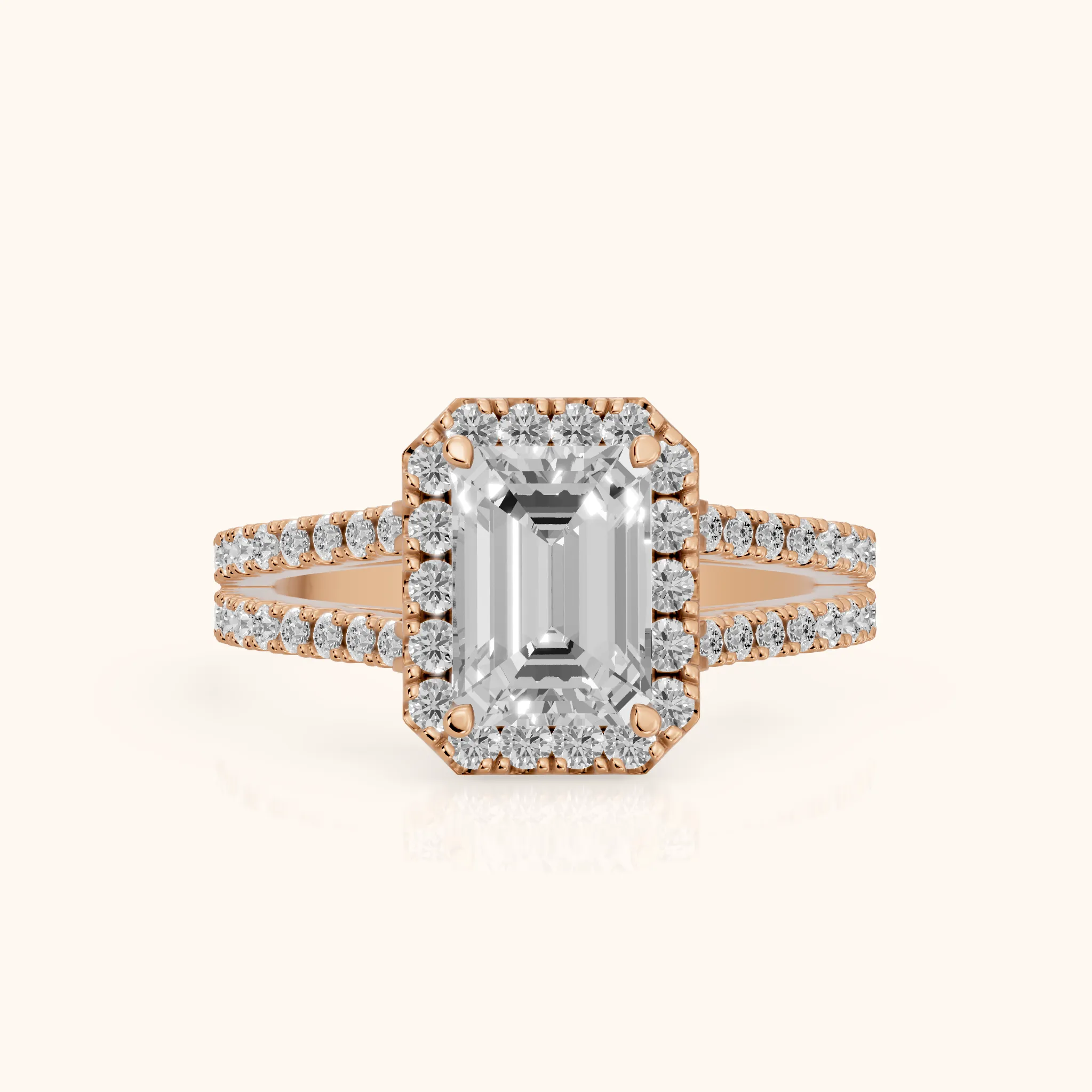 Kira Halo Split Shank Emerald Diamond Engagement Ring in Rose Gold — view 1