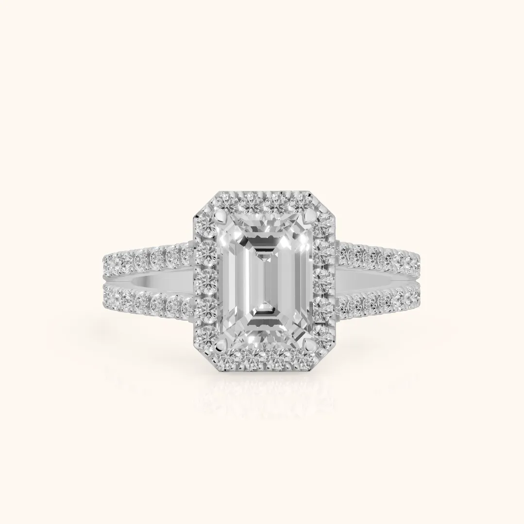Kira Halo Split Shank Emerald Diamond Engagement Ring in Silver — view 2