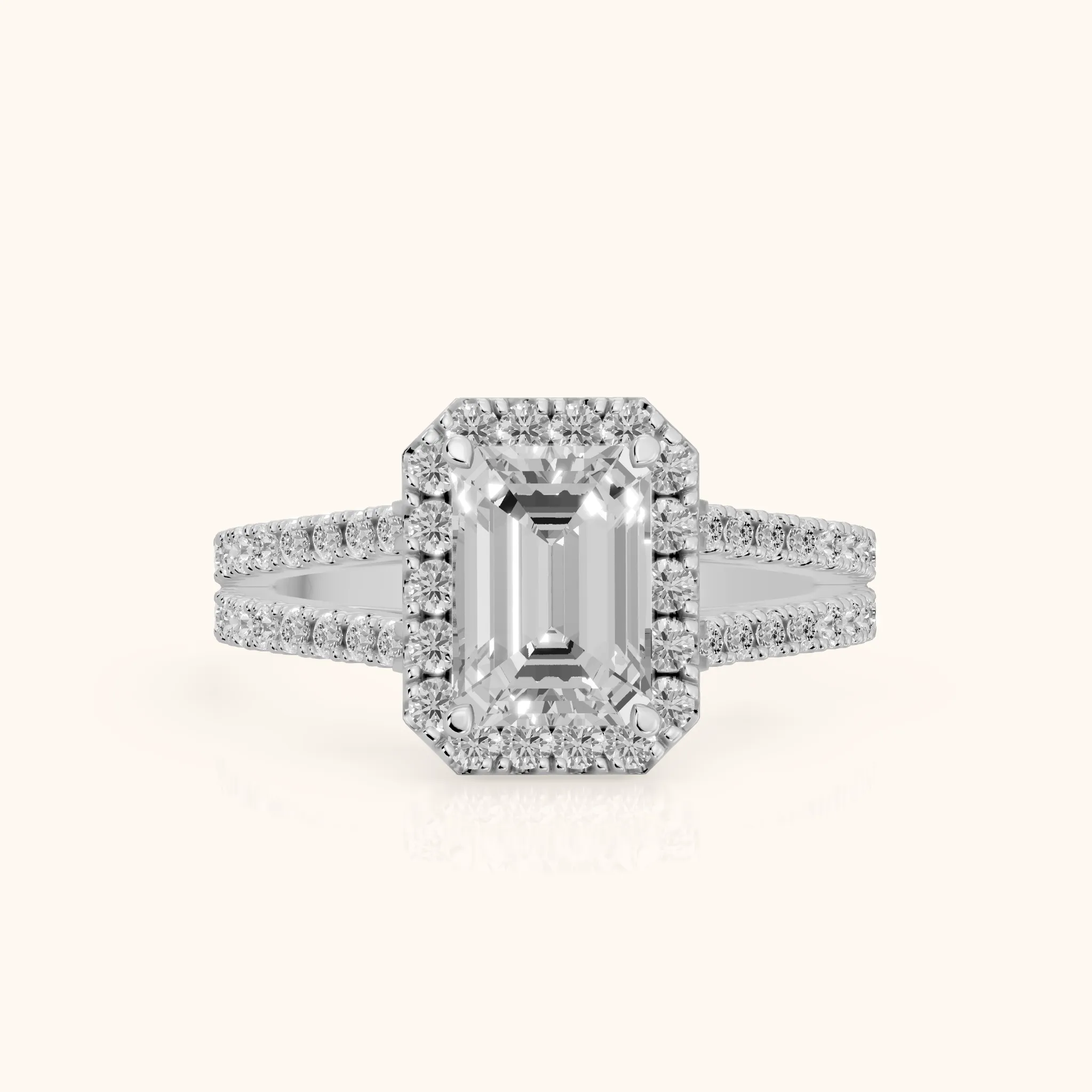 Kira Halo Split Shank Emerald Diamond Engagement Ring in Silver — view 1