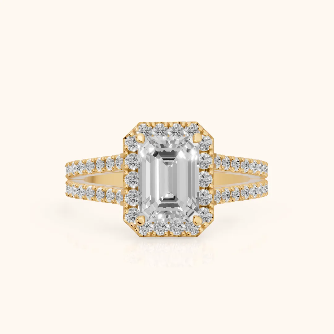 Kira Halo Split Shank Emerald Diamond Engagement Ring in Yellow Gold — view 2