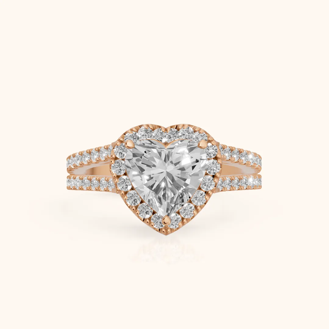 Kira Halo Split Shank Heart Diamond Engagement Ring in Rose Gold — view 2