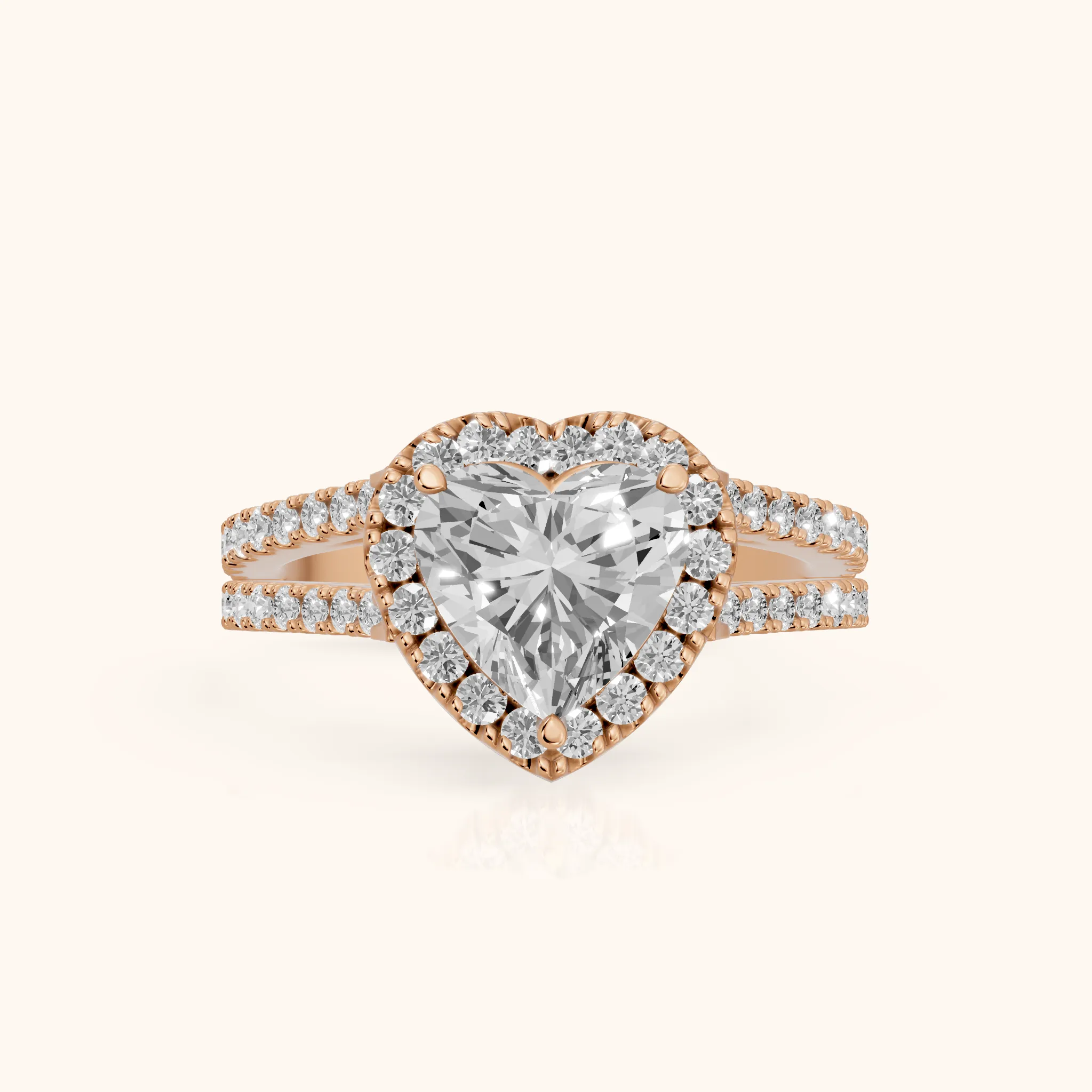Kira Halo Split Shank Heart Diamond Engagement Ring in Rose Gold — view 1