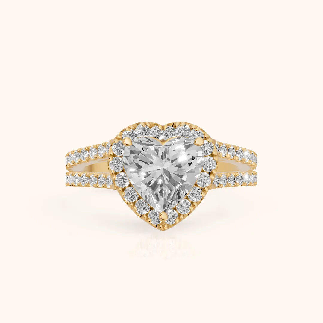 Kira Halo Split Shank Heart Diamond Engagement Ring in Yellow Gold — view 2