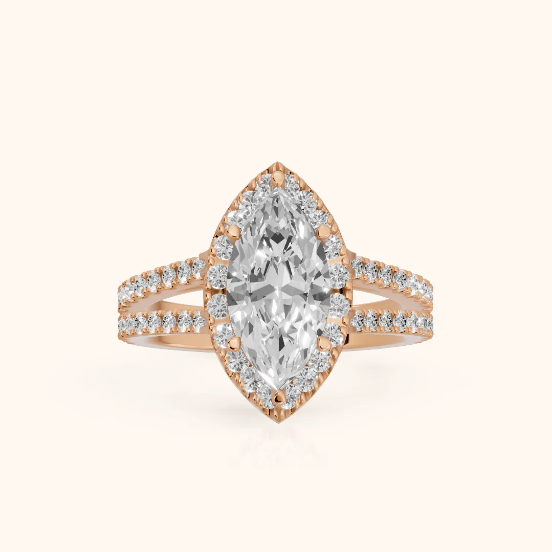 Kira Halo Split Shank Marquise Diamond Engagement Ring in Rose Gold — view 2