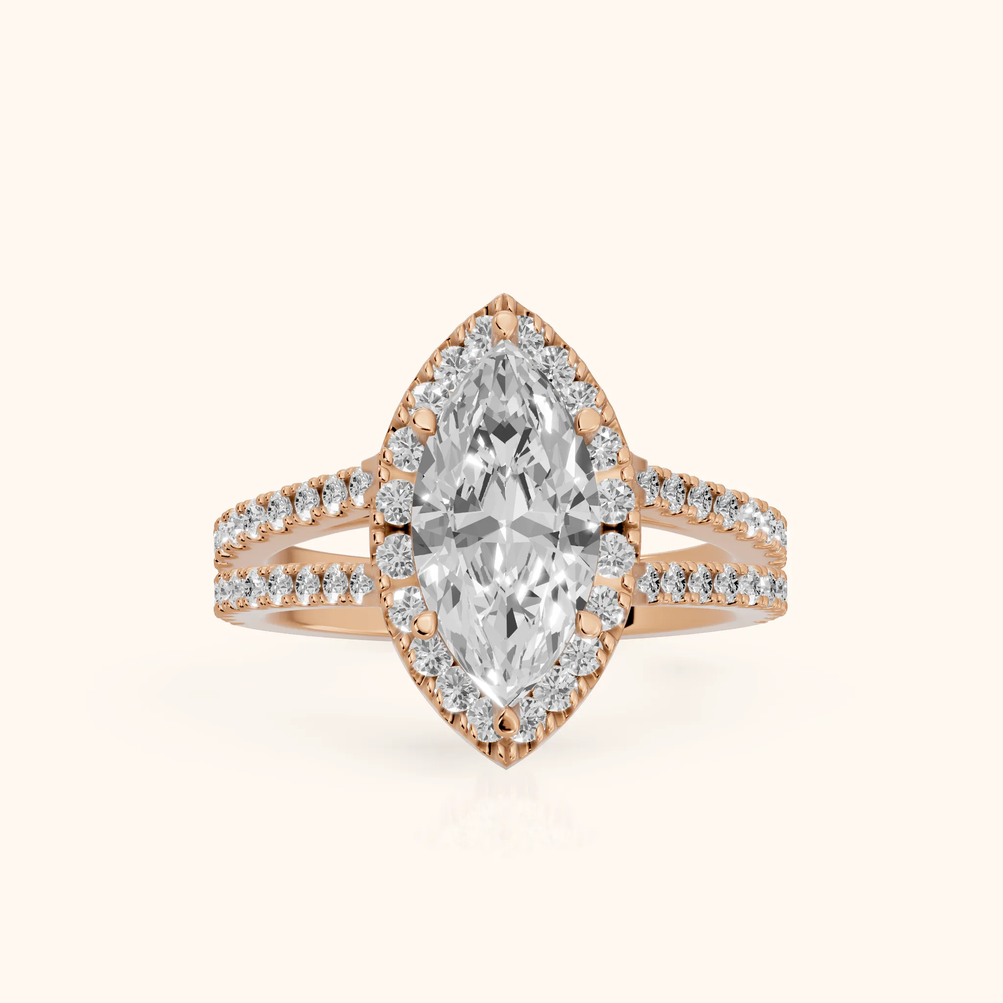 Kira Halo Split Shank Marquise Diamond Engagement Ring in Rose Gold — view 1