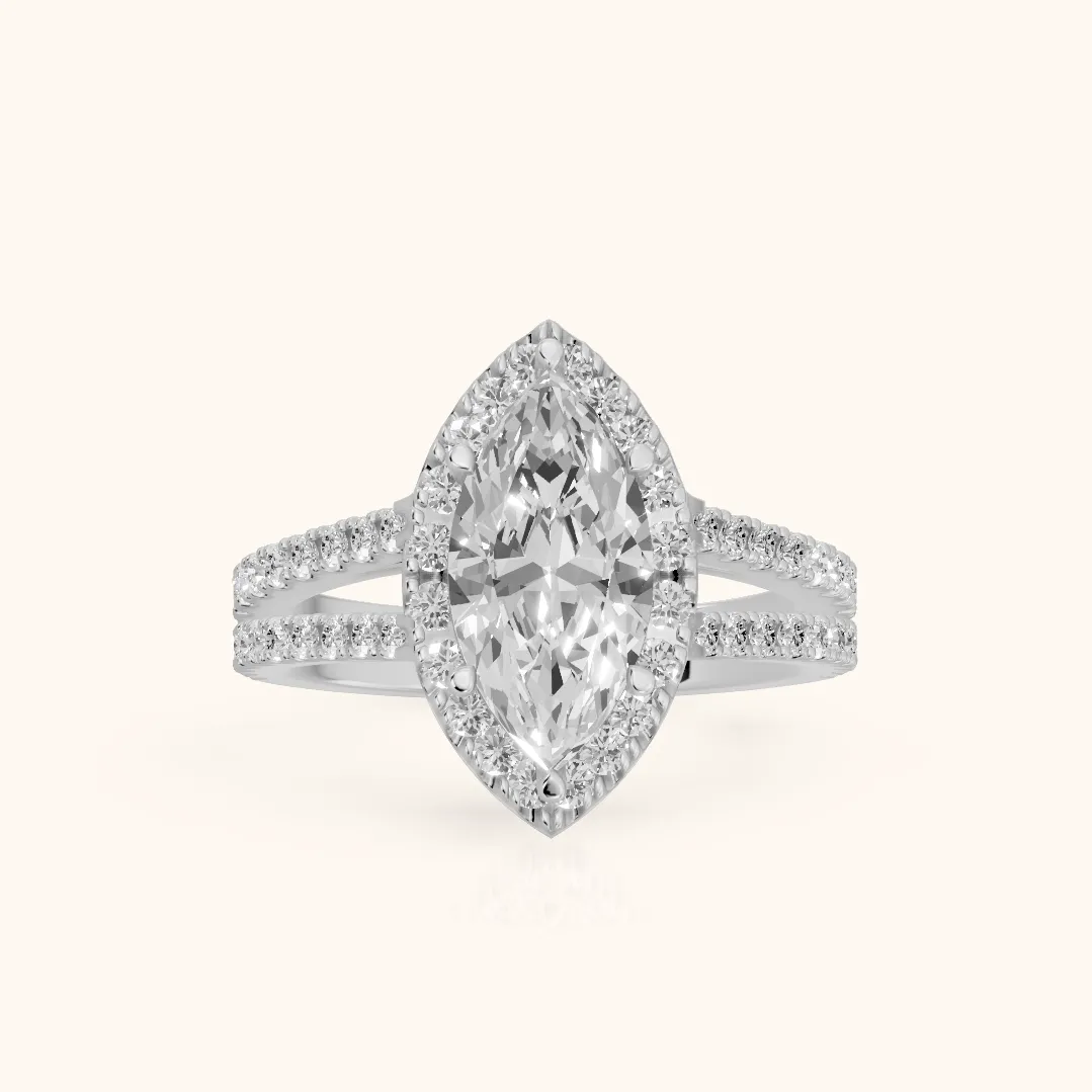 Kira Halo Split Shank Marquise Diamond Engagement Ring in Platinum — view 2