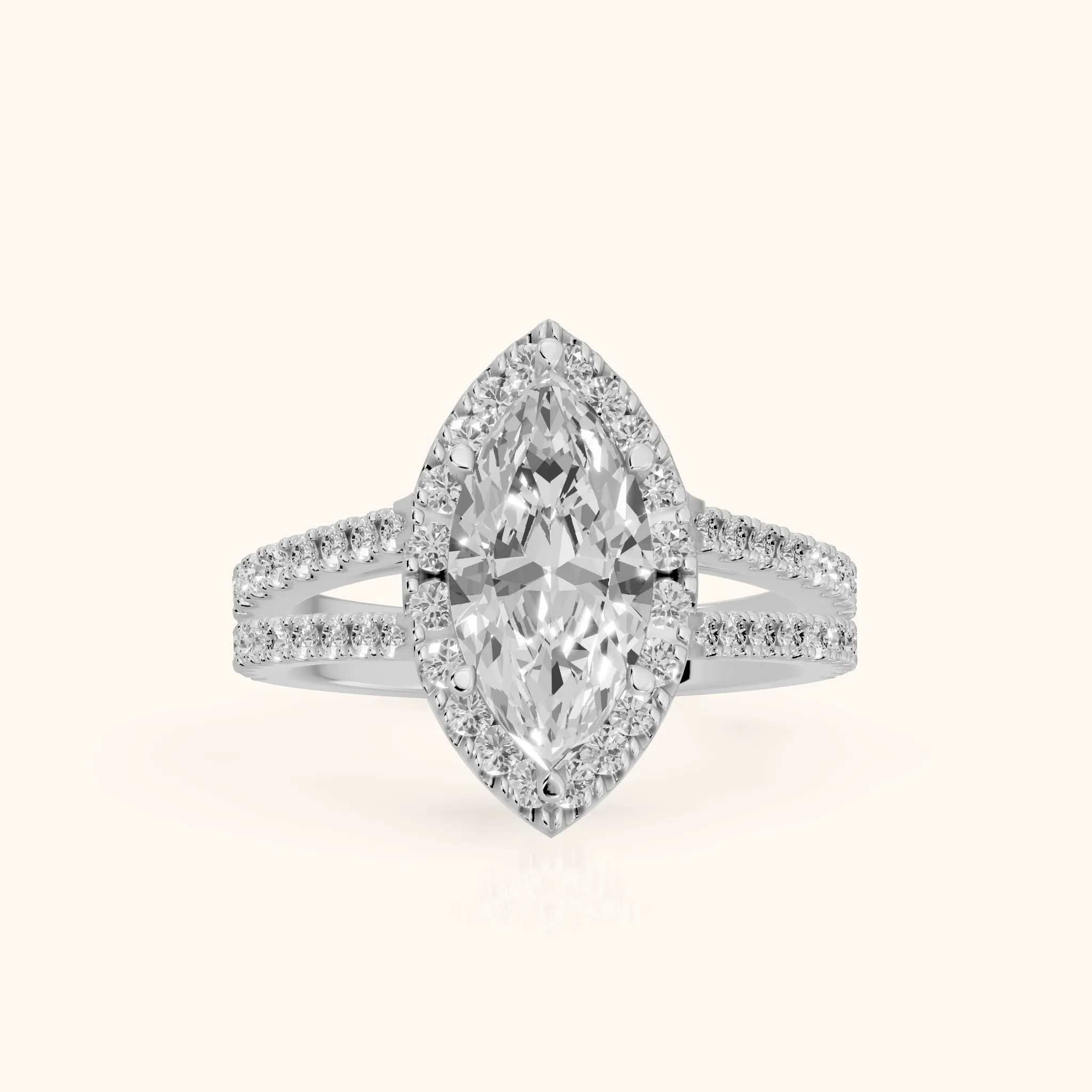 Kira Halo Split Shank Marquise Diamond Engagement Ring in Platinum — view 1