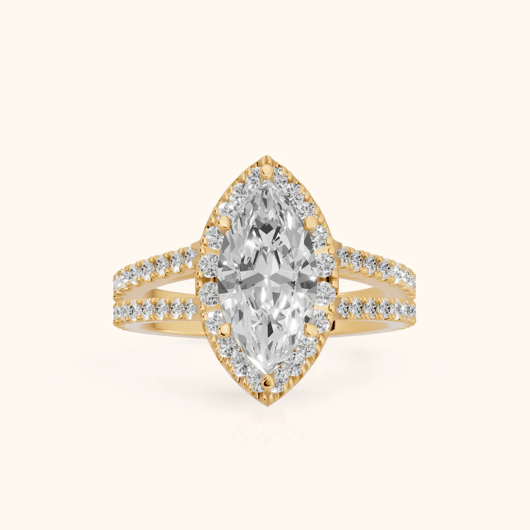 Kira Halo Split Shank Marquise Diamond Engagement Ring in Yellow Gold — view 2