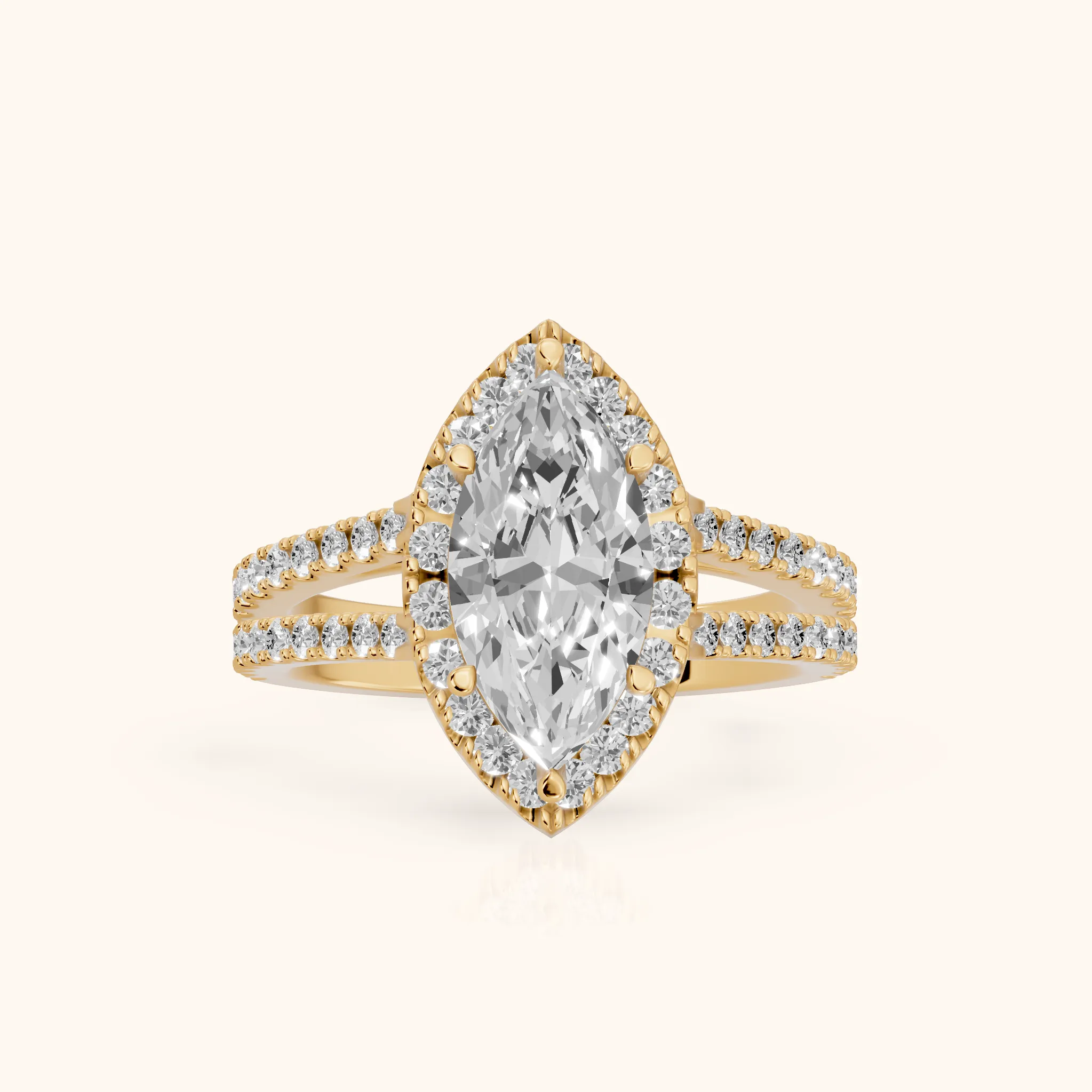 Kira Halo Split Shank Marquise Diamond Engagement Ring in Yellow Gold — view 1