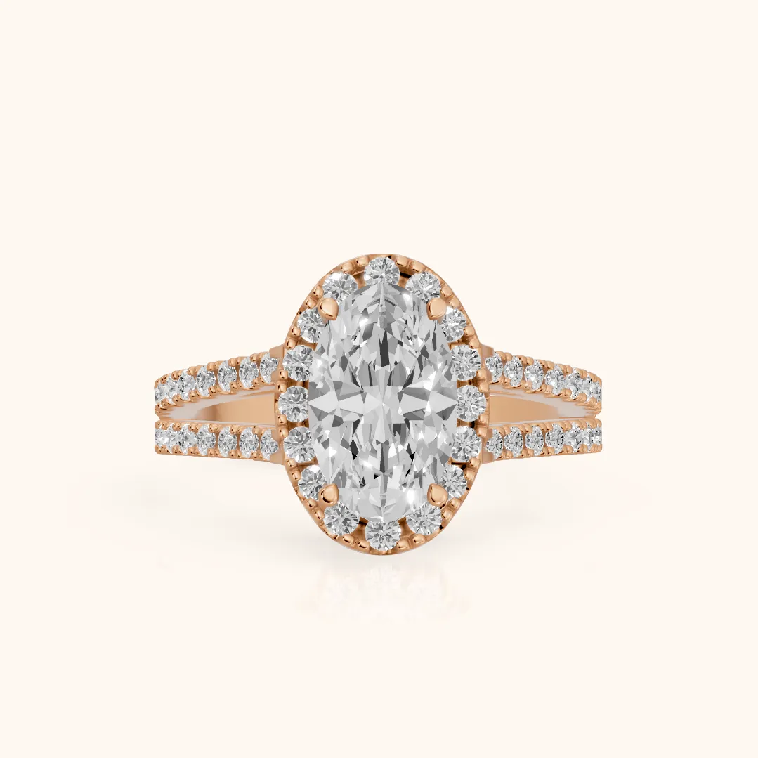Kira Halo Split Shank Oval Diamond Engagement Ring in Rose Gold — view 2