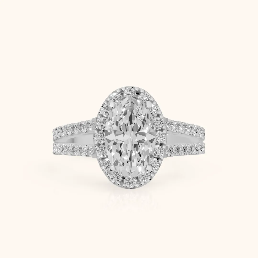 Kira Halo Split Shank Oval Diamond Engagement Ring in Silver — view 2