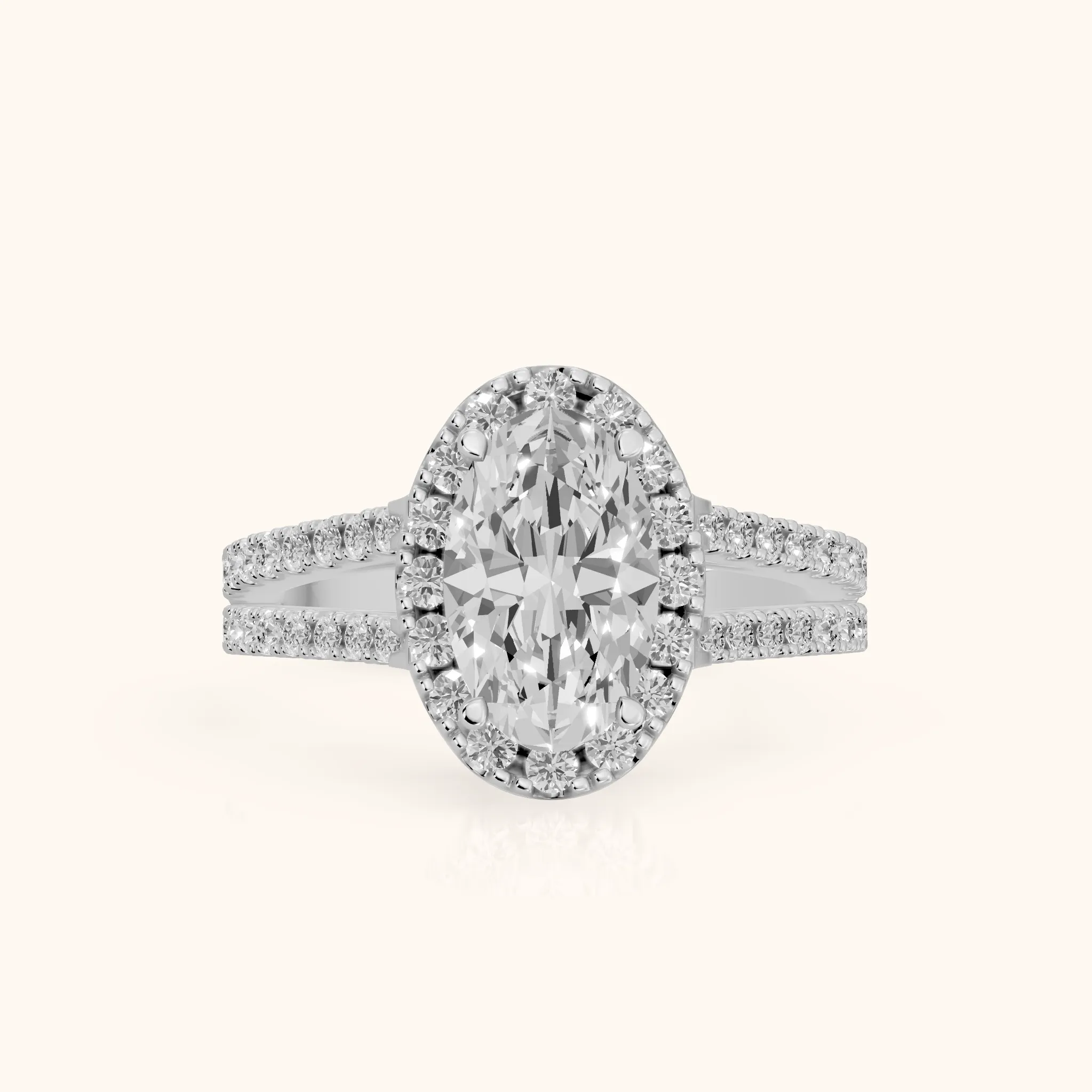 Kira Halo Split Shank Oval Diamond Engagement Ring in Silver — view 1
