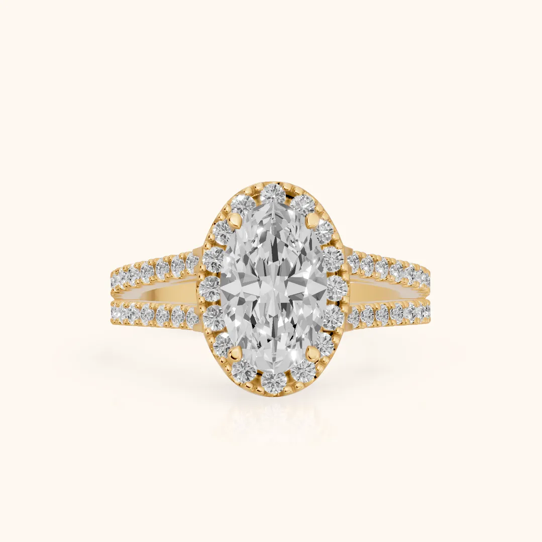 Kira Halo Split Shank Oval Diamond Engagement Ring in Yellow Gold — view 2