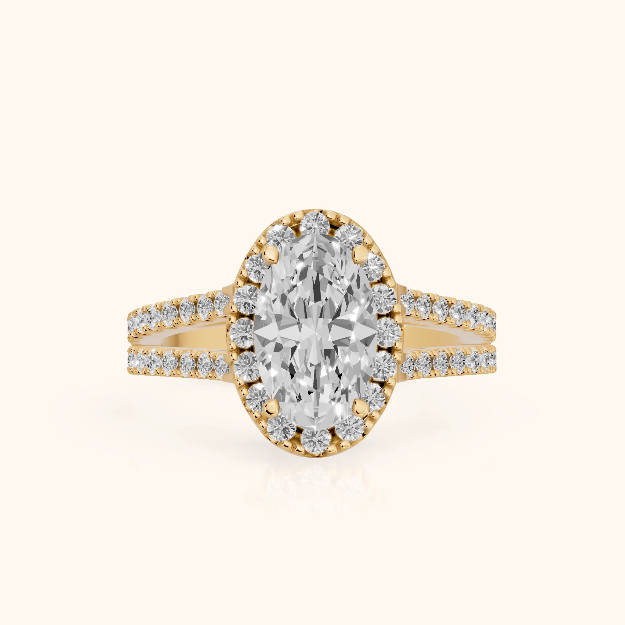 Kira Halo Split Shank Oval Diamond Engagement Ring in Yellow Gold — view 1