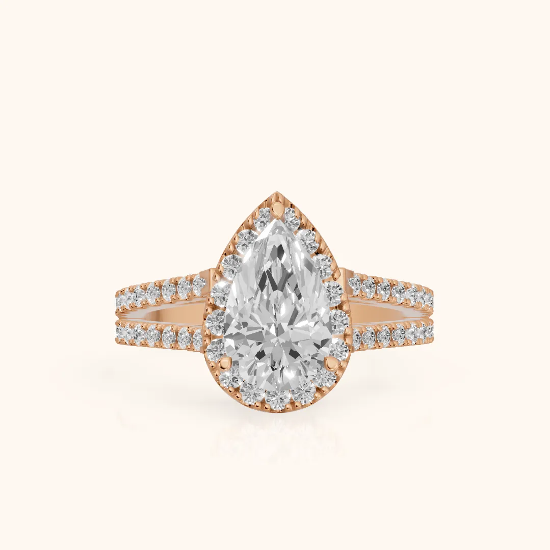 Kira Halo Split Shank Pear Diamond Engagement Ring in Rose Gold — view 2