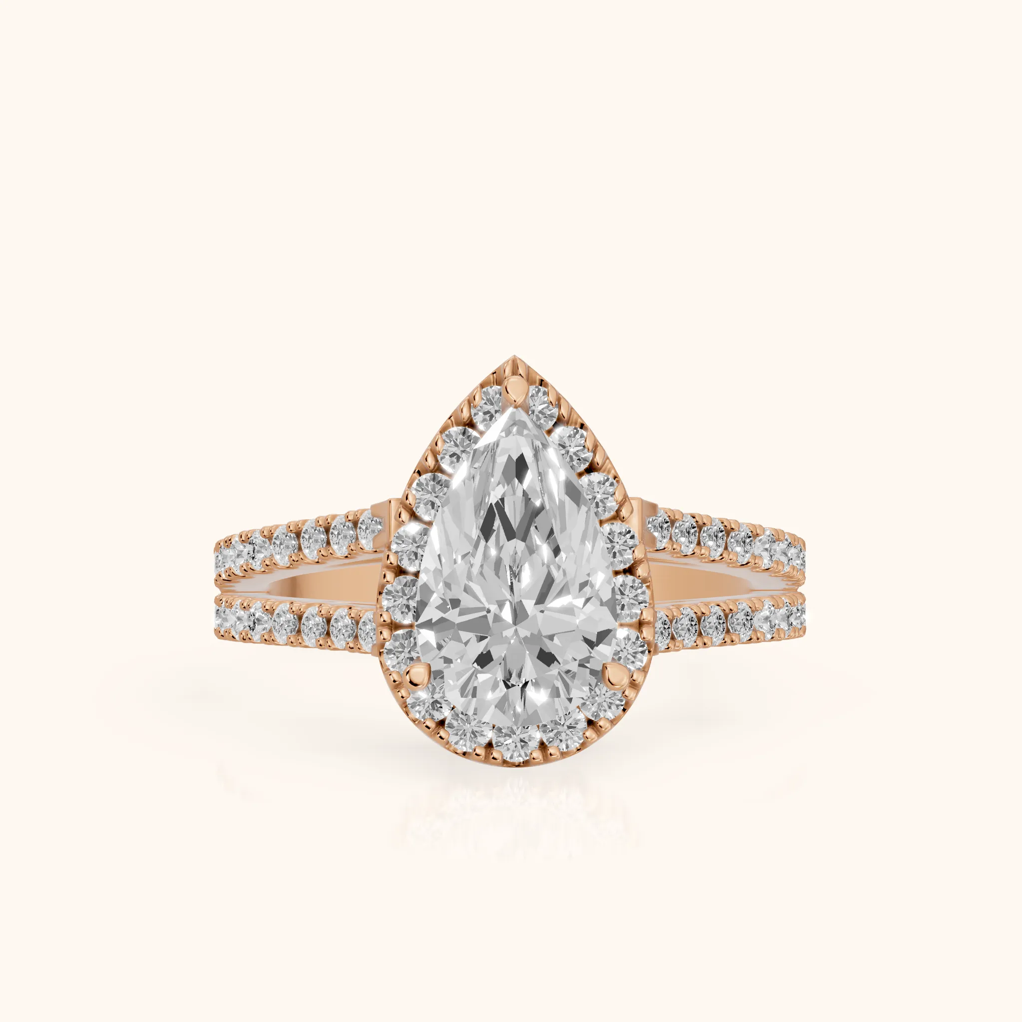 Kira Halo Split Shank Pear Diamond Engagement Ring in Rose Gold — view 1