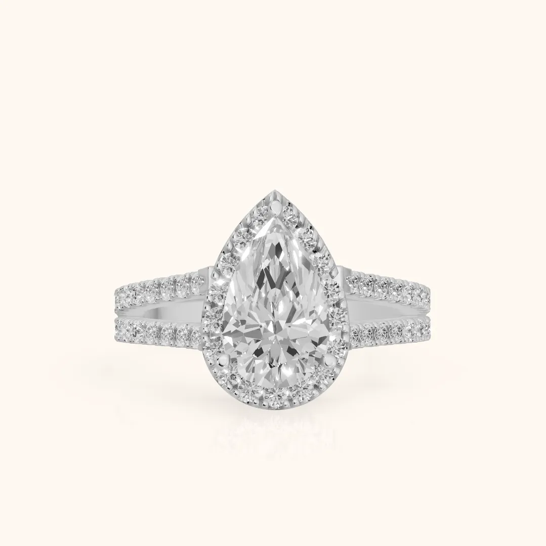 Kira Halo Split Shank Pear Diamond Engagement Ring in Silver — view 2