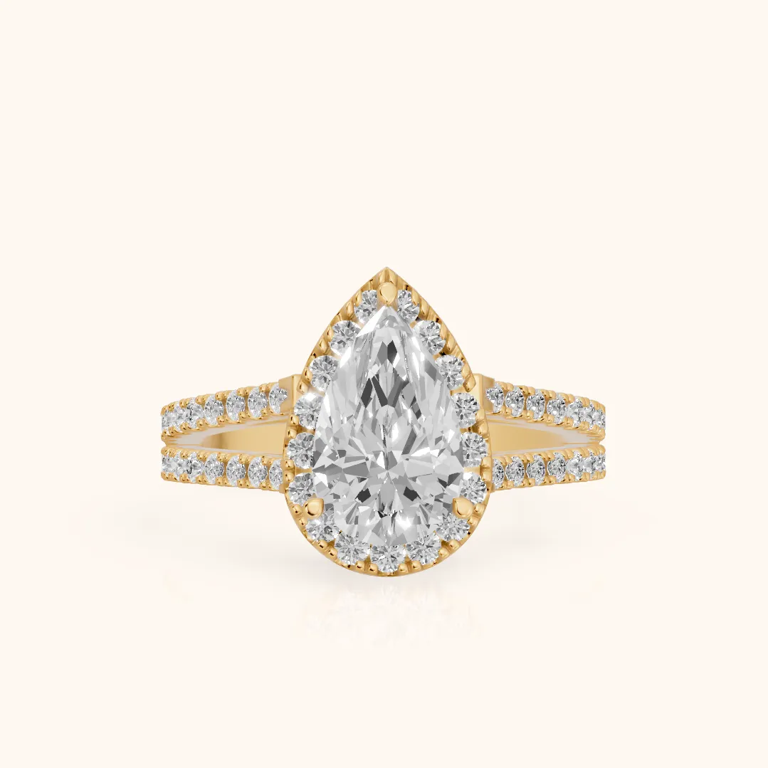 Kira Halo Split Shank Pear Diamond Engagement Ring in Yellow Gold — view 2