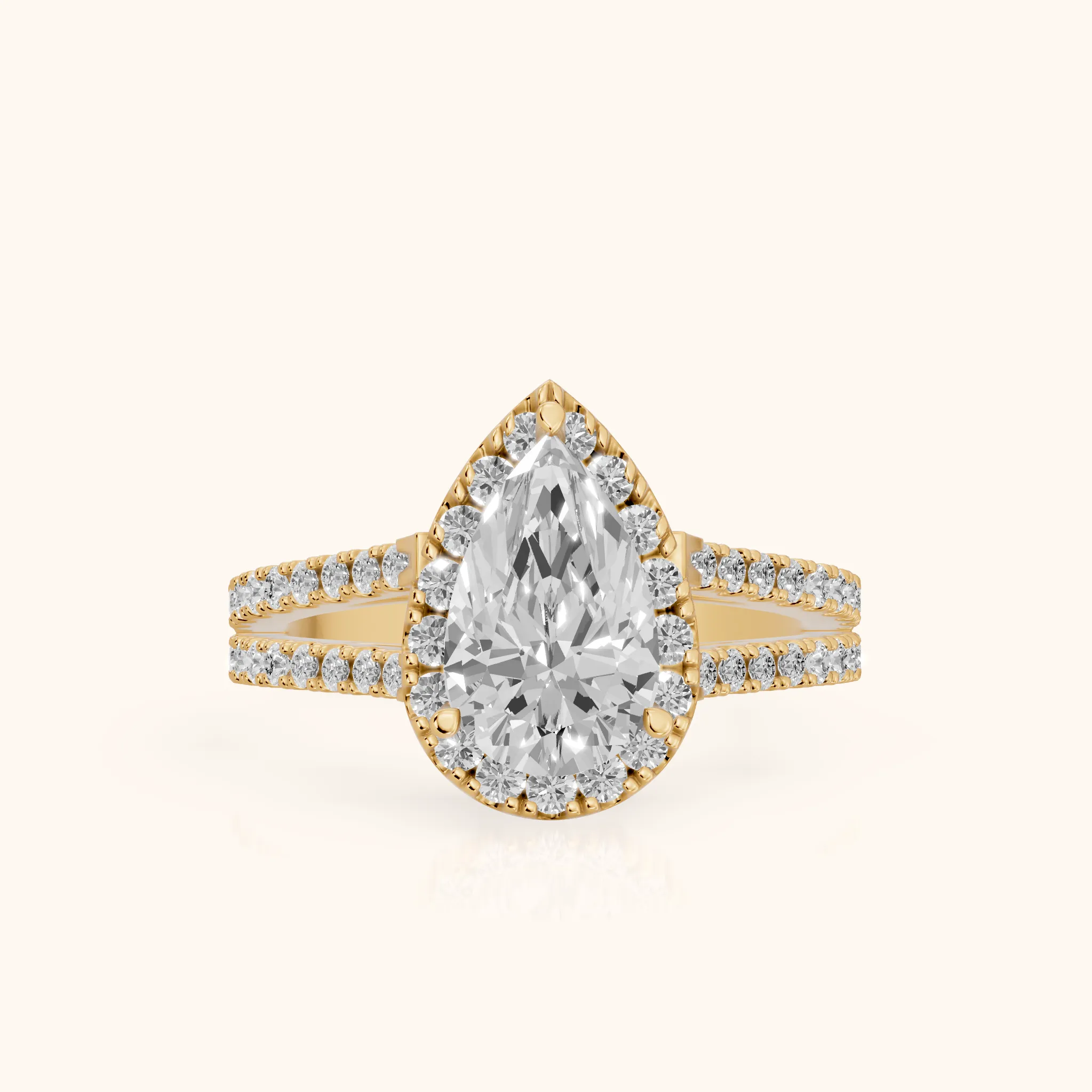 Kira Halo Split Shank Pear Diamond Engagement Ring in Yellow Gold — view 1