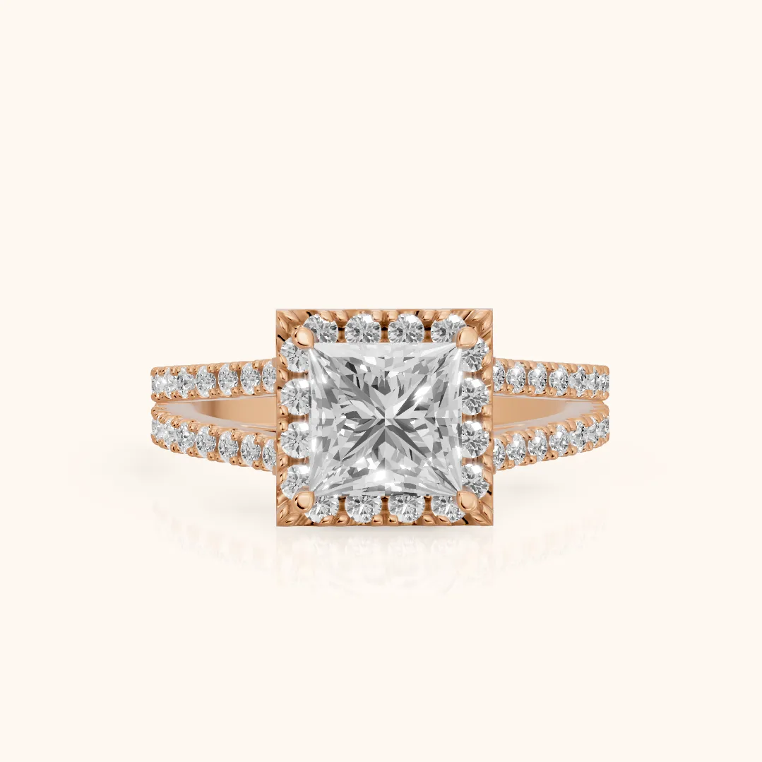 Kira Halo Split Shank Princess Diamond Engagement Ring in Rose Gold — view 2