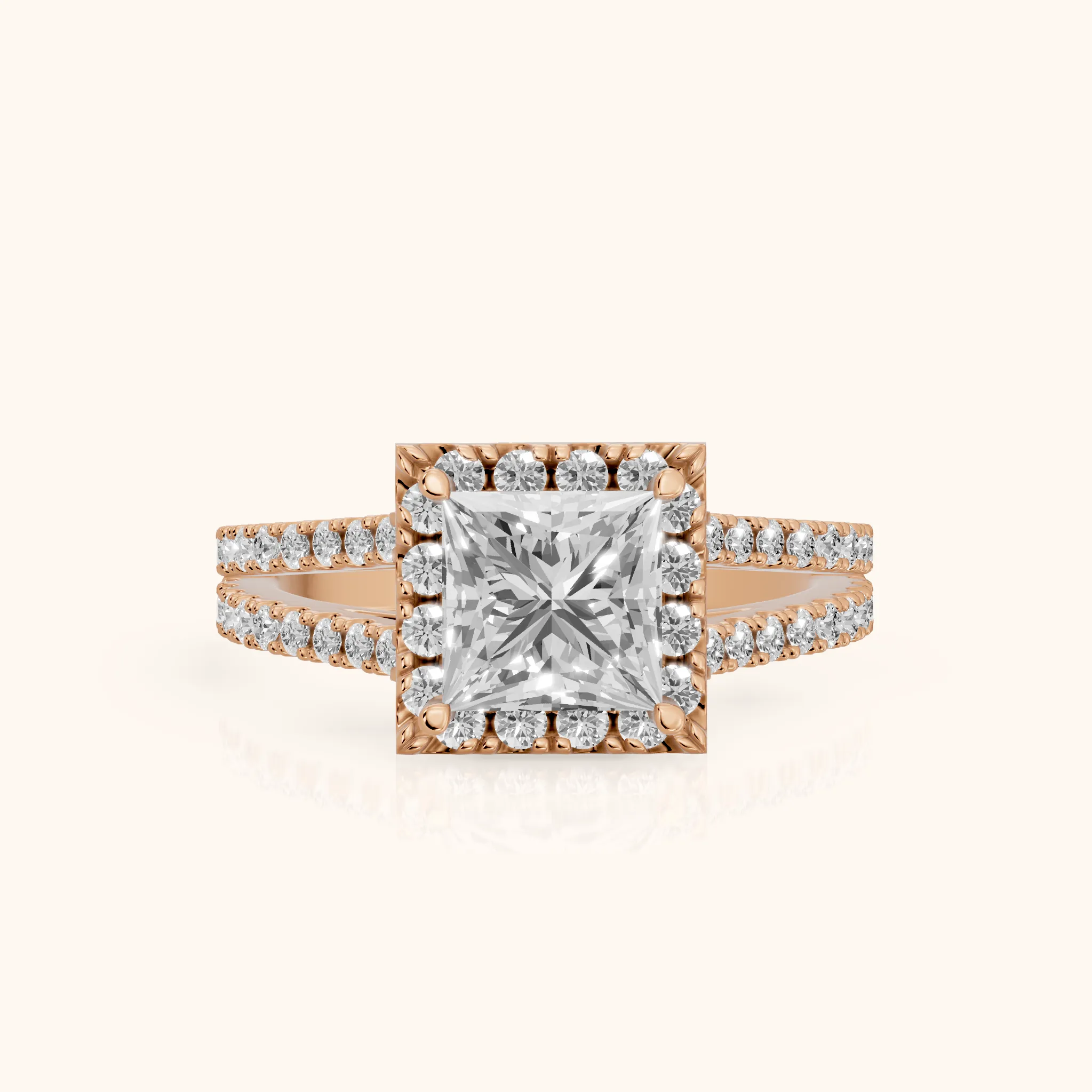 Kira Halo Split Shank Princess Diamond Engagement Ring in Rose Gold — view 1