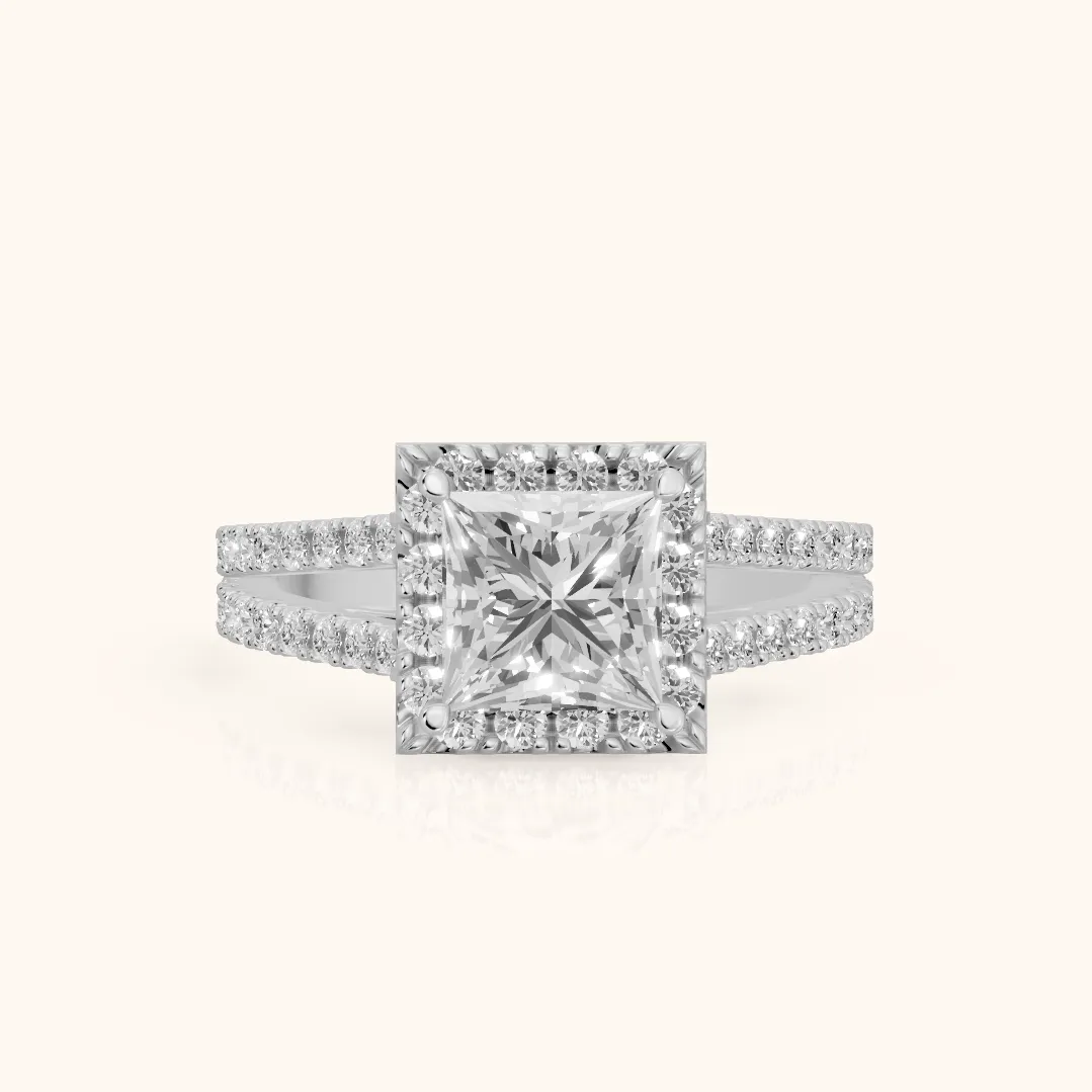 Kira Halo Split Shank Princess Diamond Engagement Ring in Silver — view 2