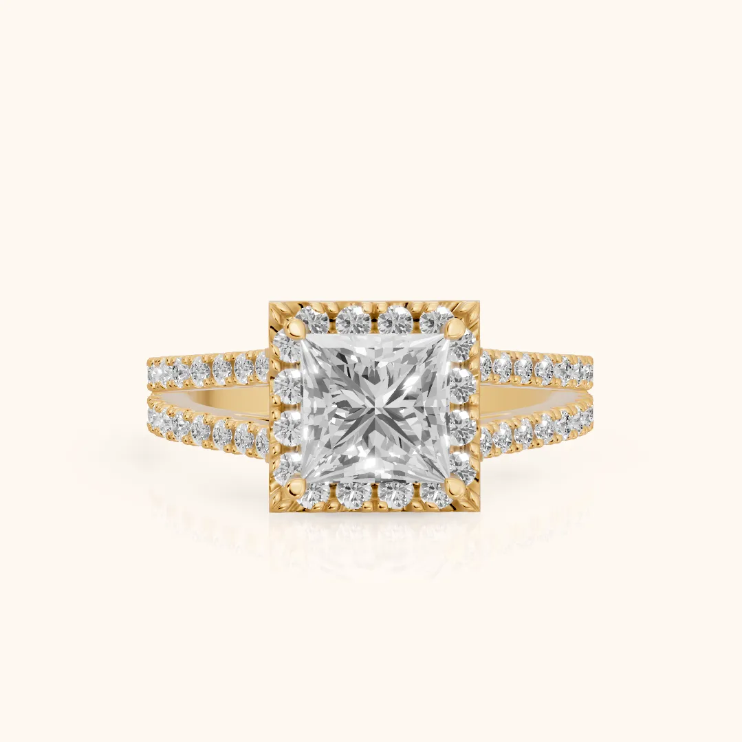 Kira Halo Split Shank Princess Diamond Engagement Ring in Yellow Gold — view 2