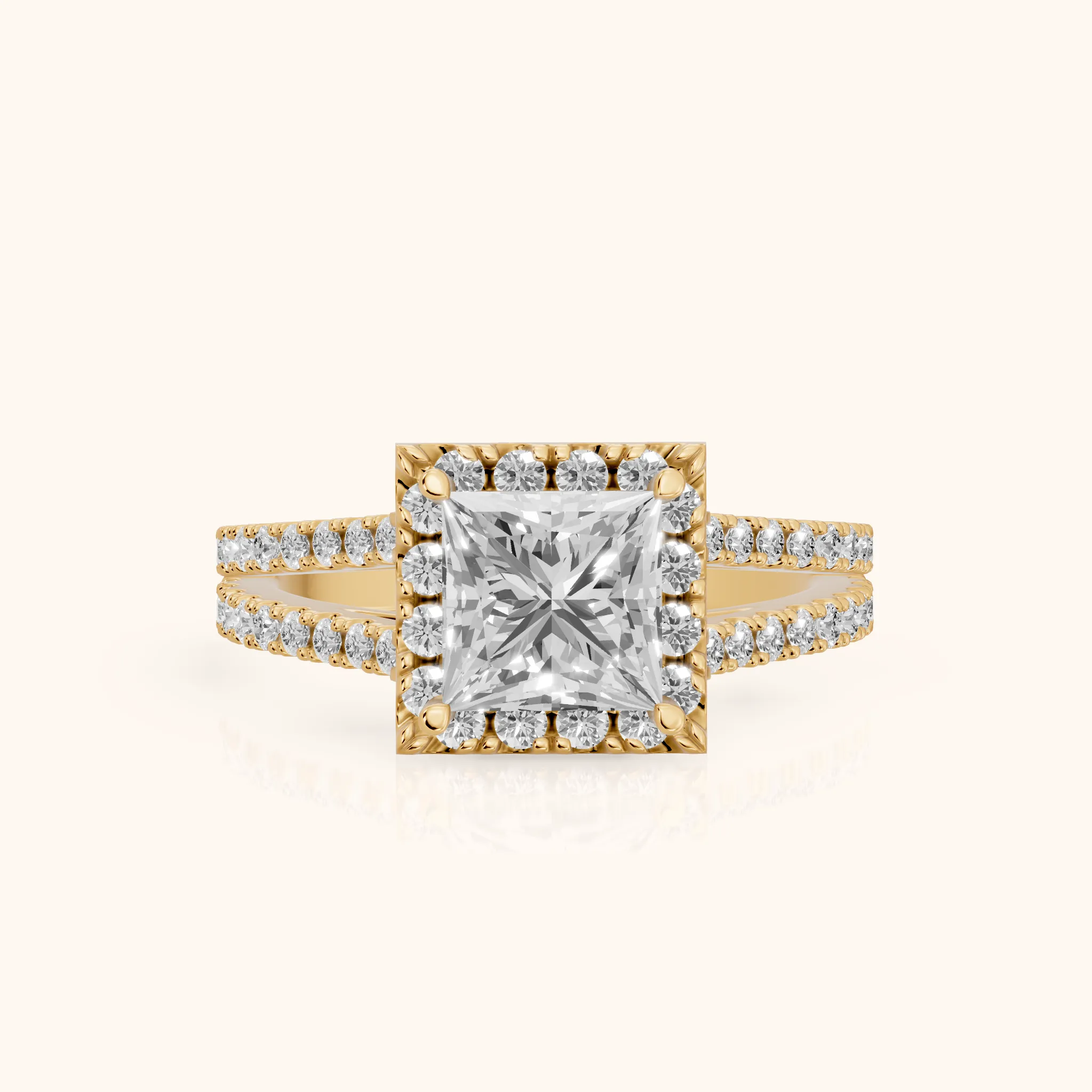 Kira Halo Split Shank Princess Diamond Engagement Ring in Yellow Gold — view 1