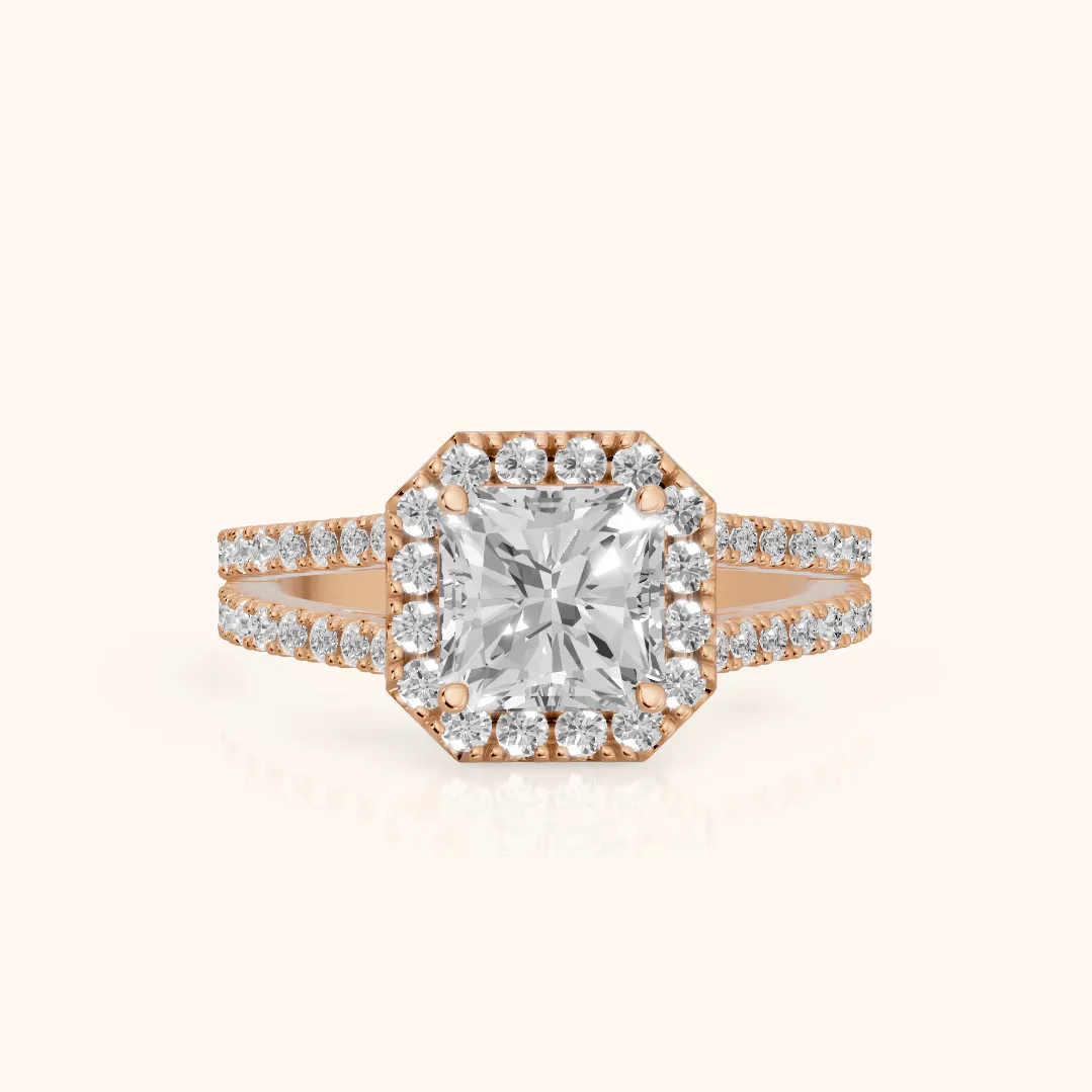 Kira Halo Split Shank Radiant Diamond Engagement Ring in Rose Gold — view 2