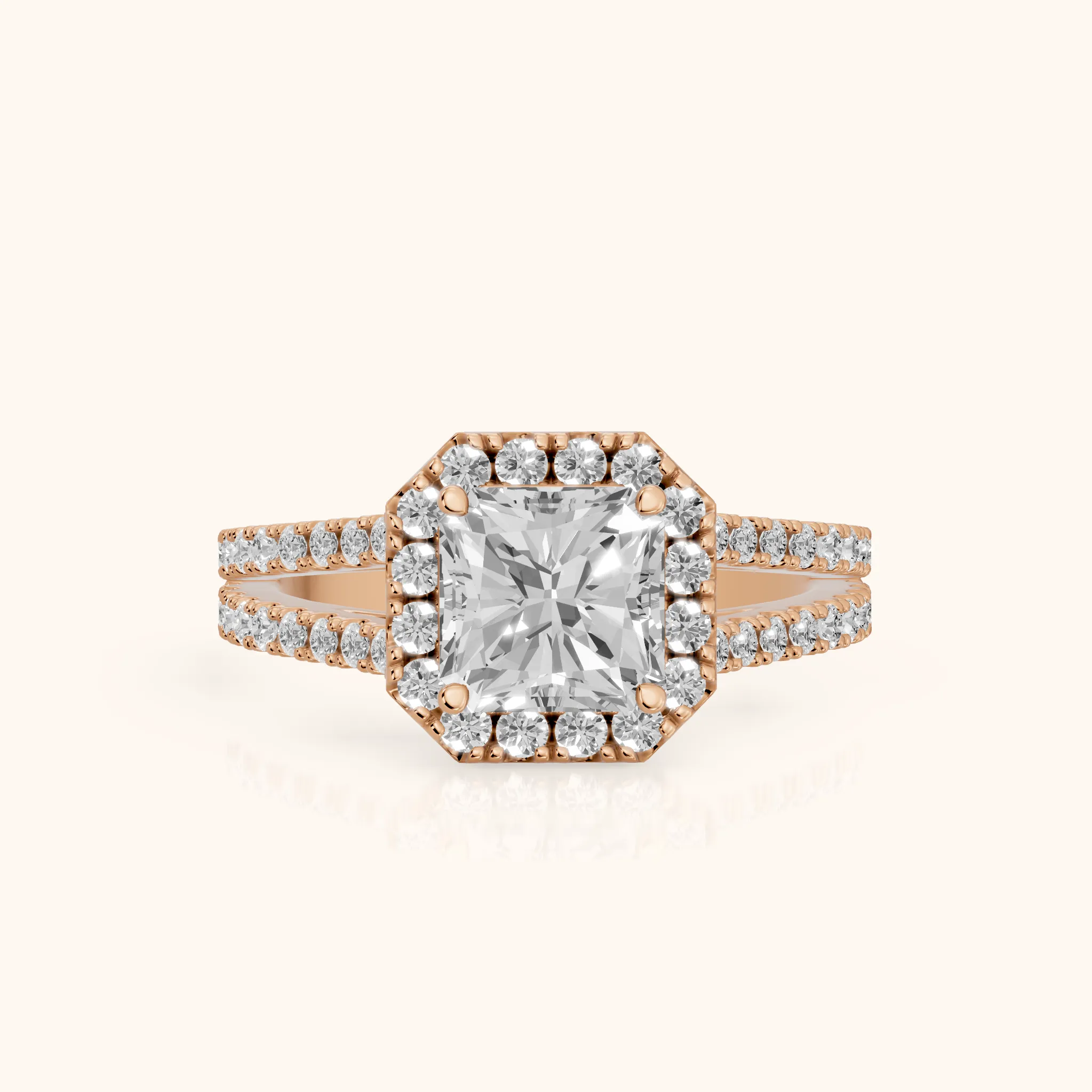 Kira Halo Split Shank Radiant Diamond Engagement Ring in Rose Gold — view 1