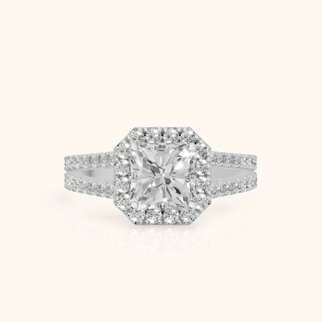 Kira Halo Split Shank Radiant Diamond Engagement Ring in Silver — view 2